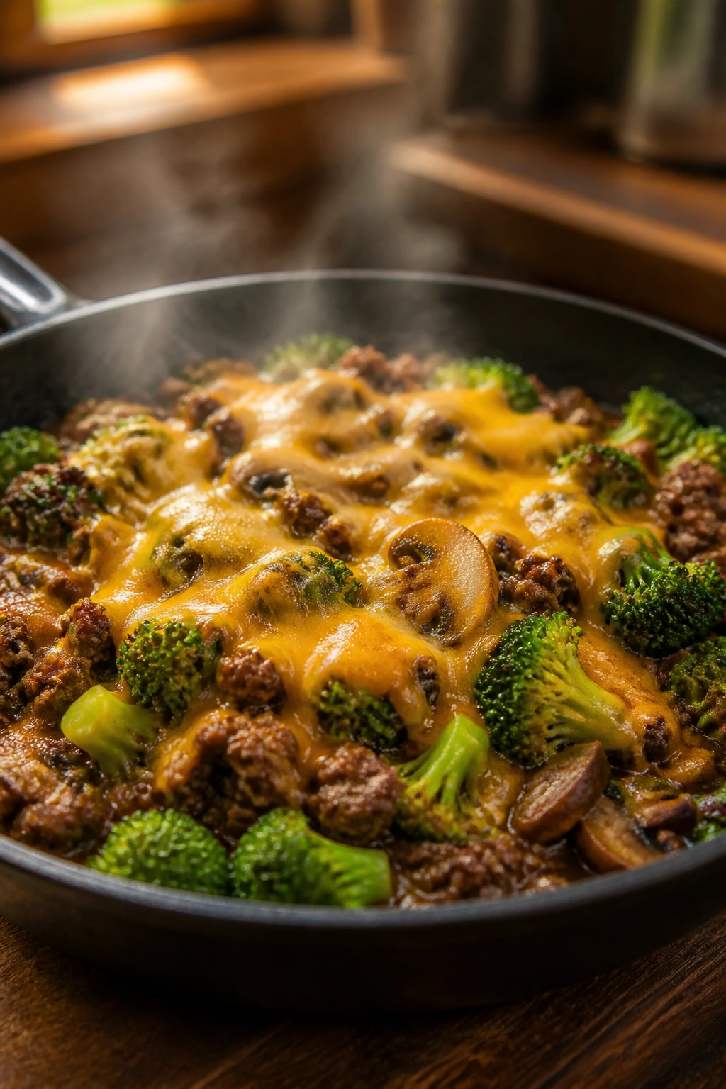 Hamburger broccoli variant with cheddar and mushrooms in a skillet