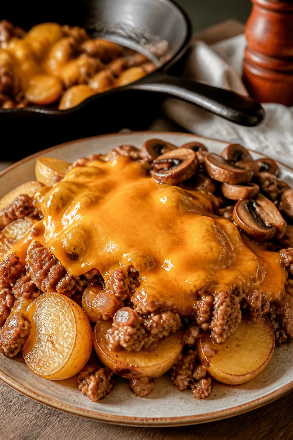 Hamburger and potatoes with melted cheddar and mushrooms on top