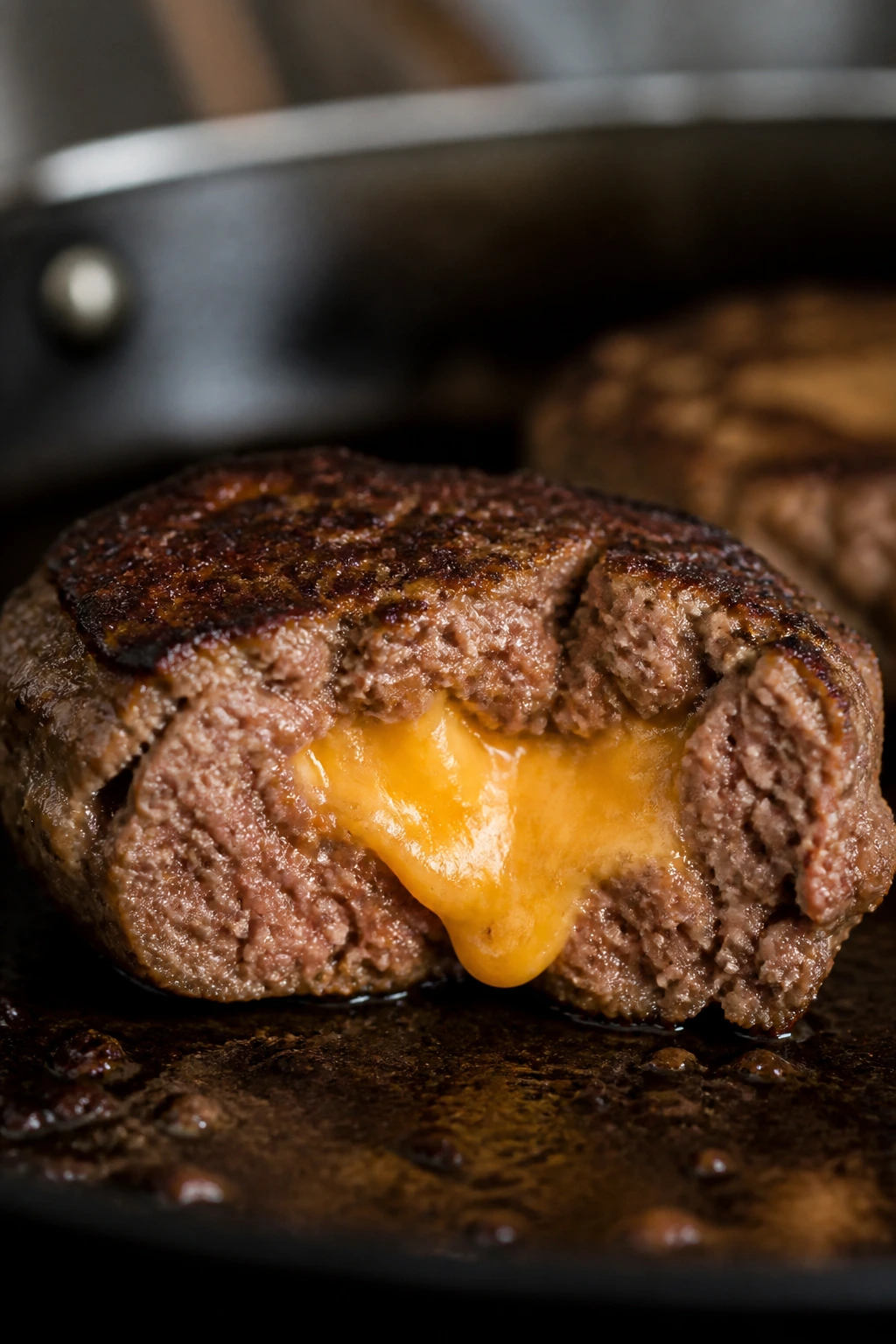 Cross-section of cheddar-filled hamburger patty in a warm kitchen