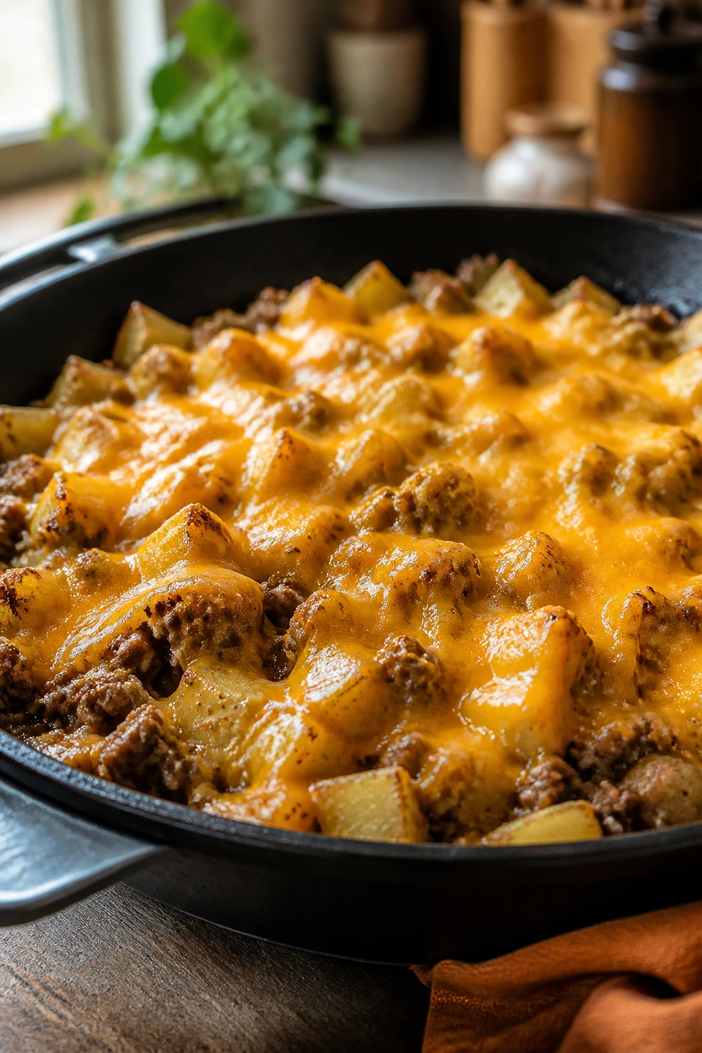 Cheddar-topped skillet with melted cheese over beef and potatoes.