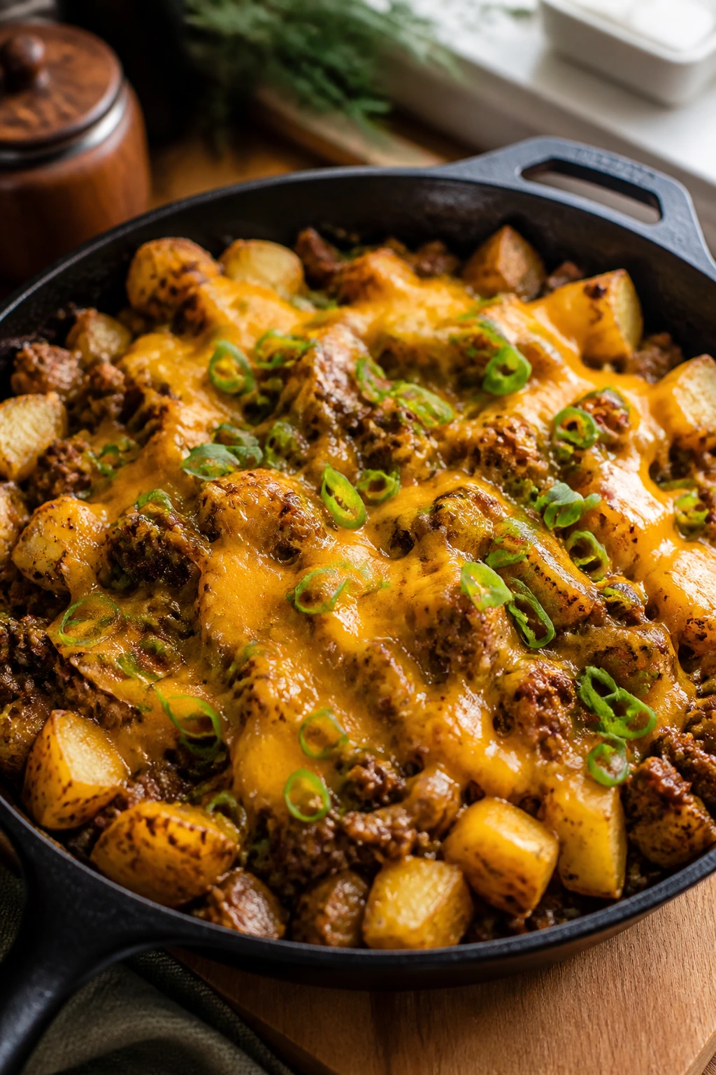 Cheddar-topped beef and potatoes in a skillet with melted cheese