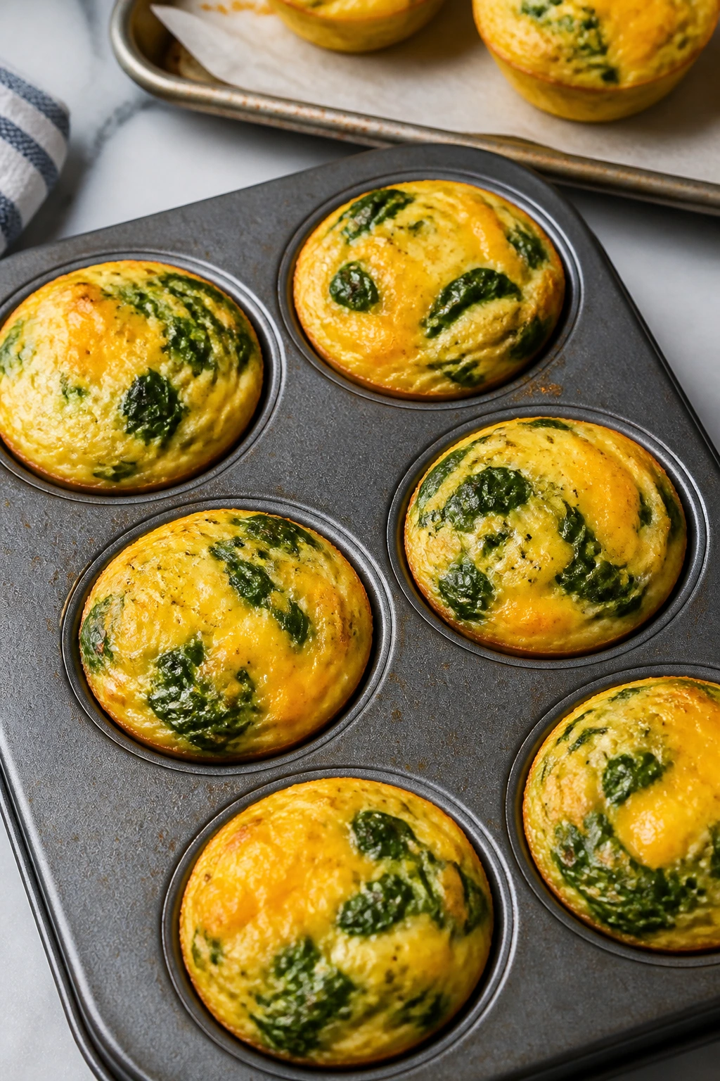Close-up of cheddar spinach frittata cups in a muffin tin