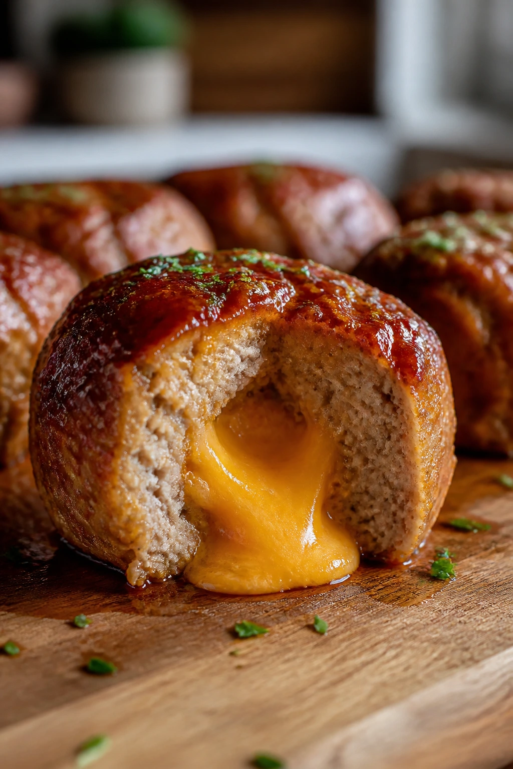 Cheddar-stuffed mini meatloaf cross-section with molten center
