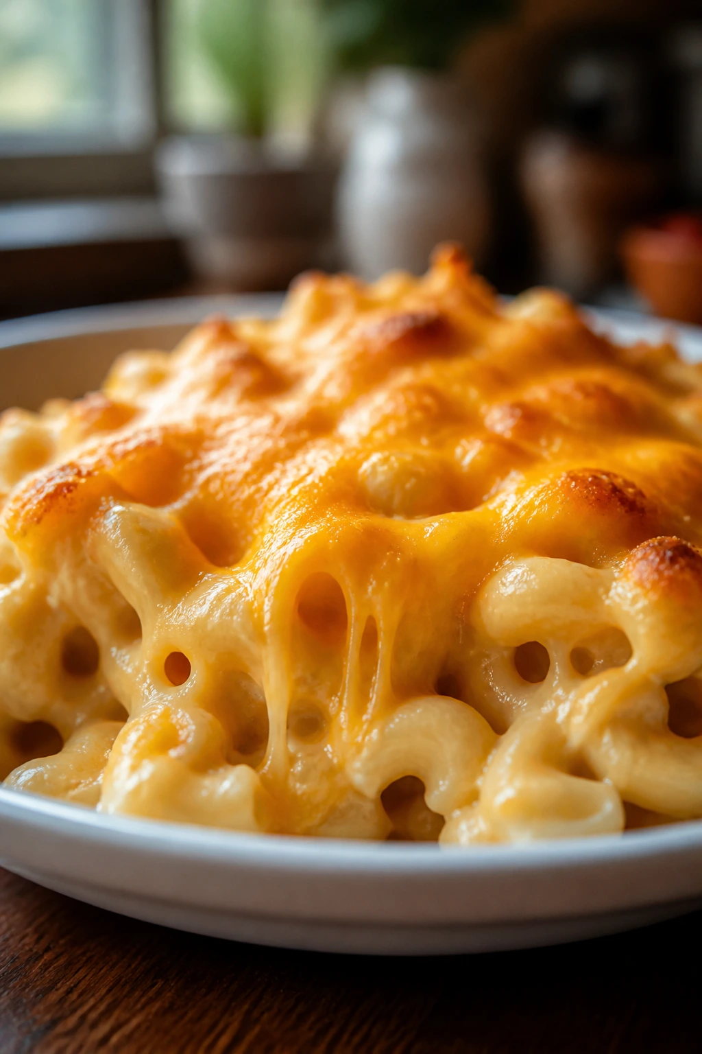 Close-up of gooey cheese dinner on plate in warm kitchen