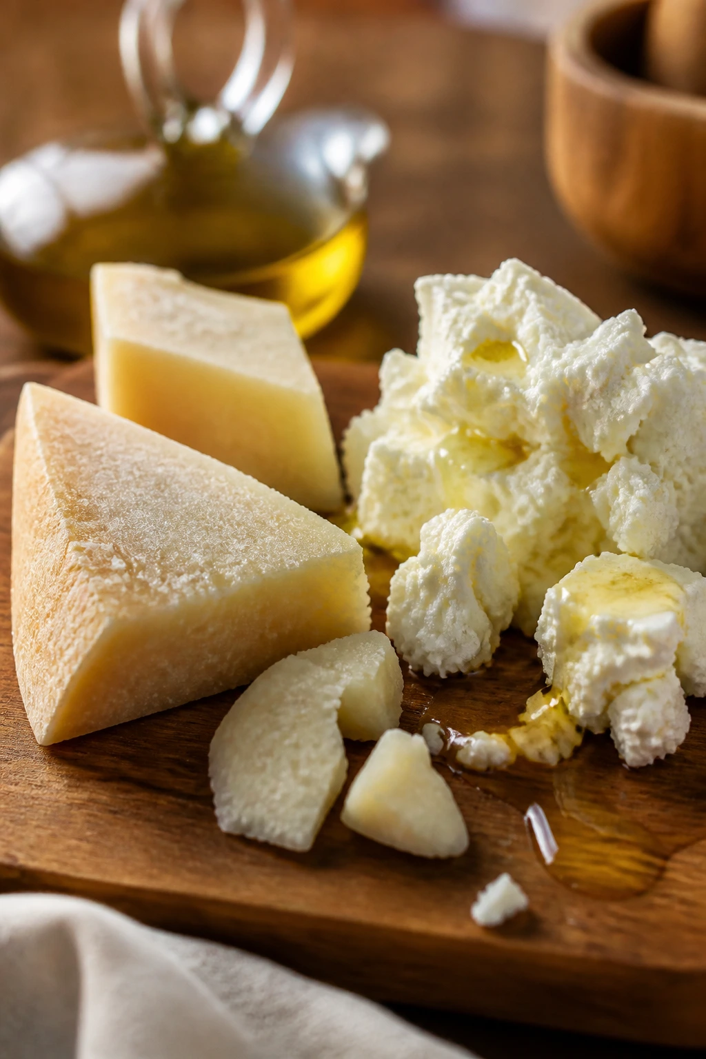Assorted cheeses on a wooden board