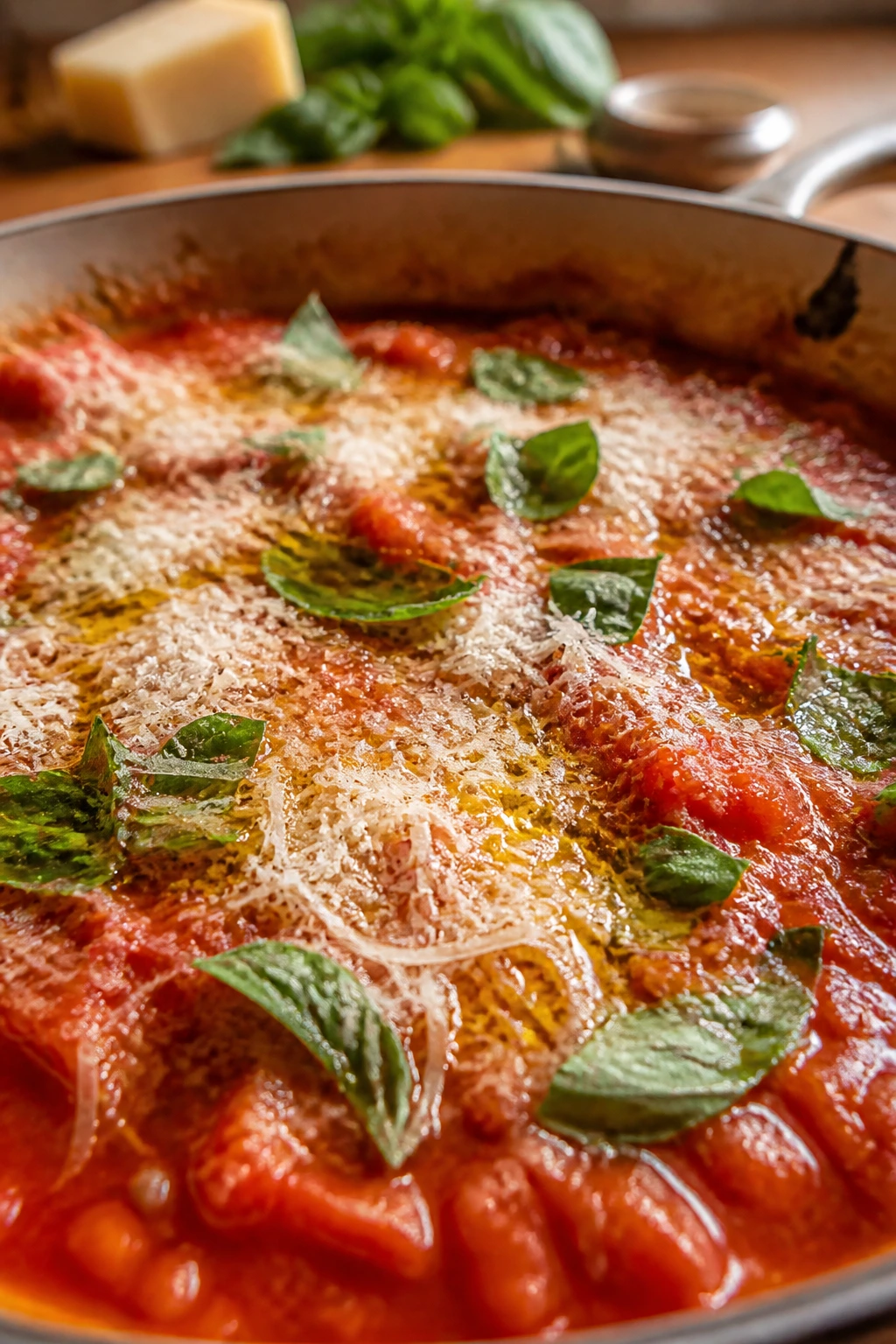 Close-up of grated cheeses and fresh basil finishing a rustic tomato sauce.