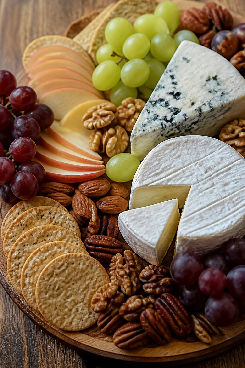 Cheese board with cheese, fruit, nuts and crackers