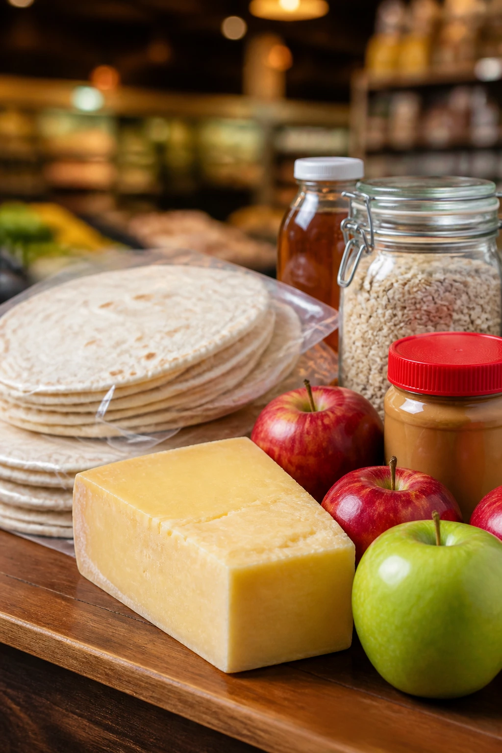 Close-up of cheese, apples, tortillas, oats, and honey on a grocery shelf