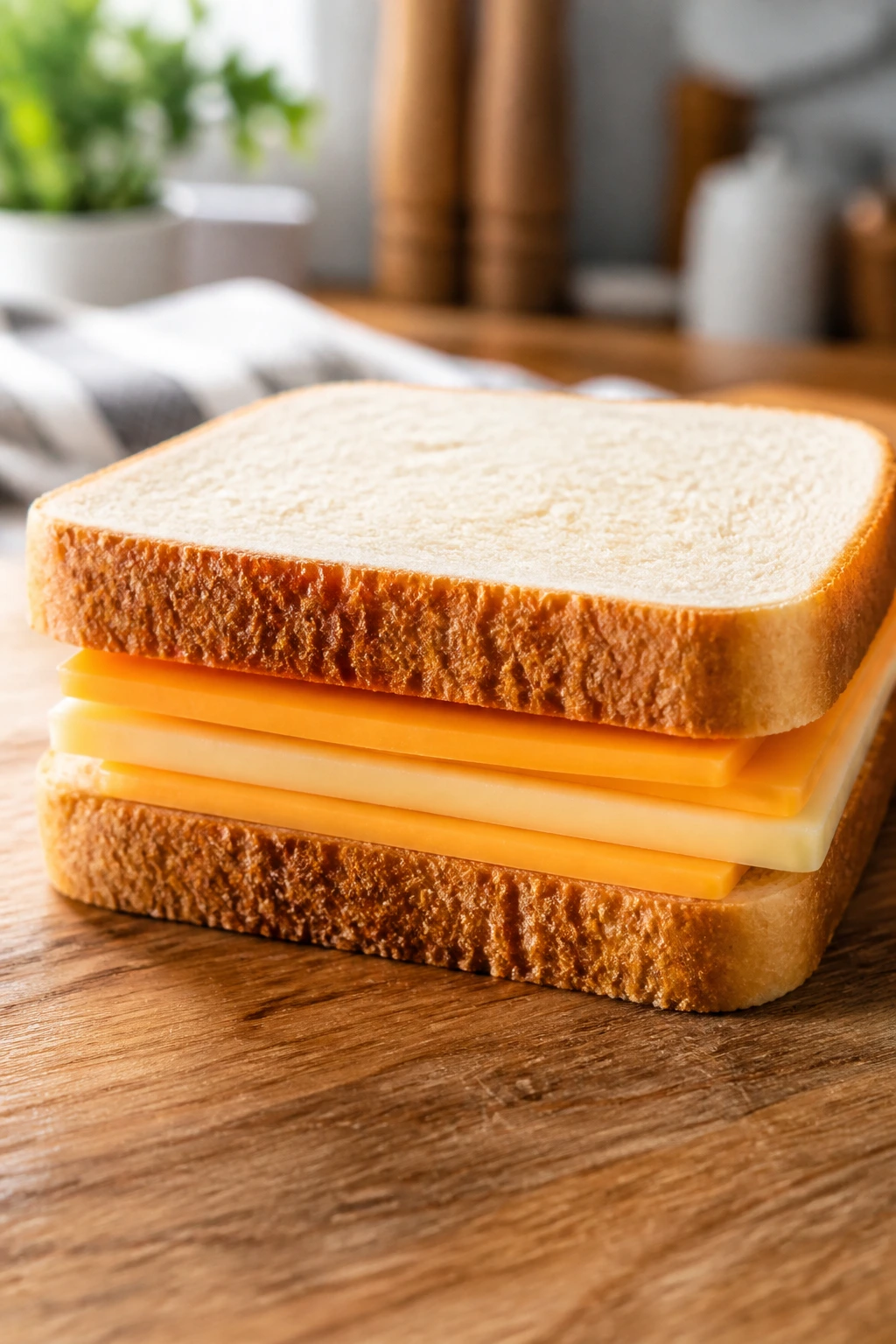 Close-up of a neatly layered grilled cheese showing cheese layers and margins