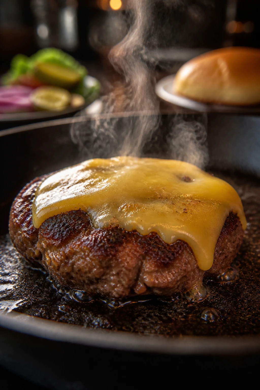 Beef patty in skillet with cheese melting