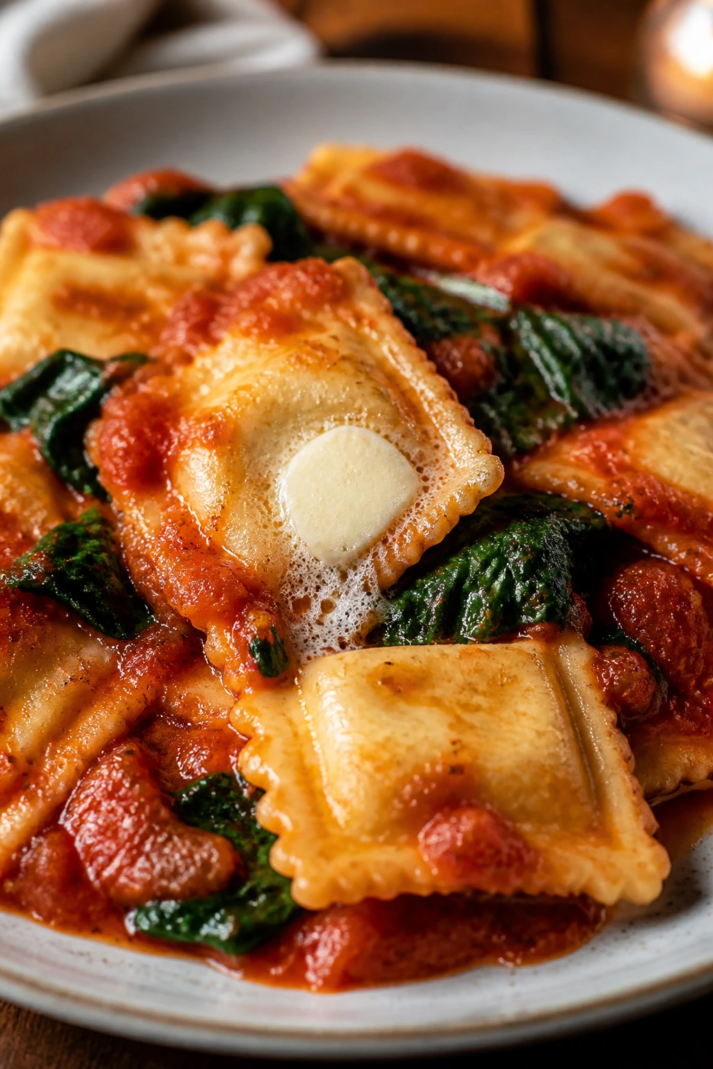 Ravioli with marinara sauce and spinach on a plate.