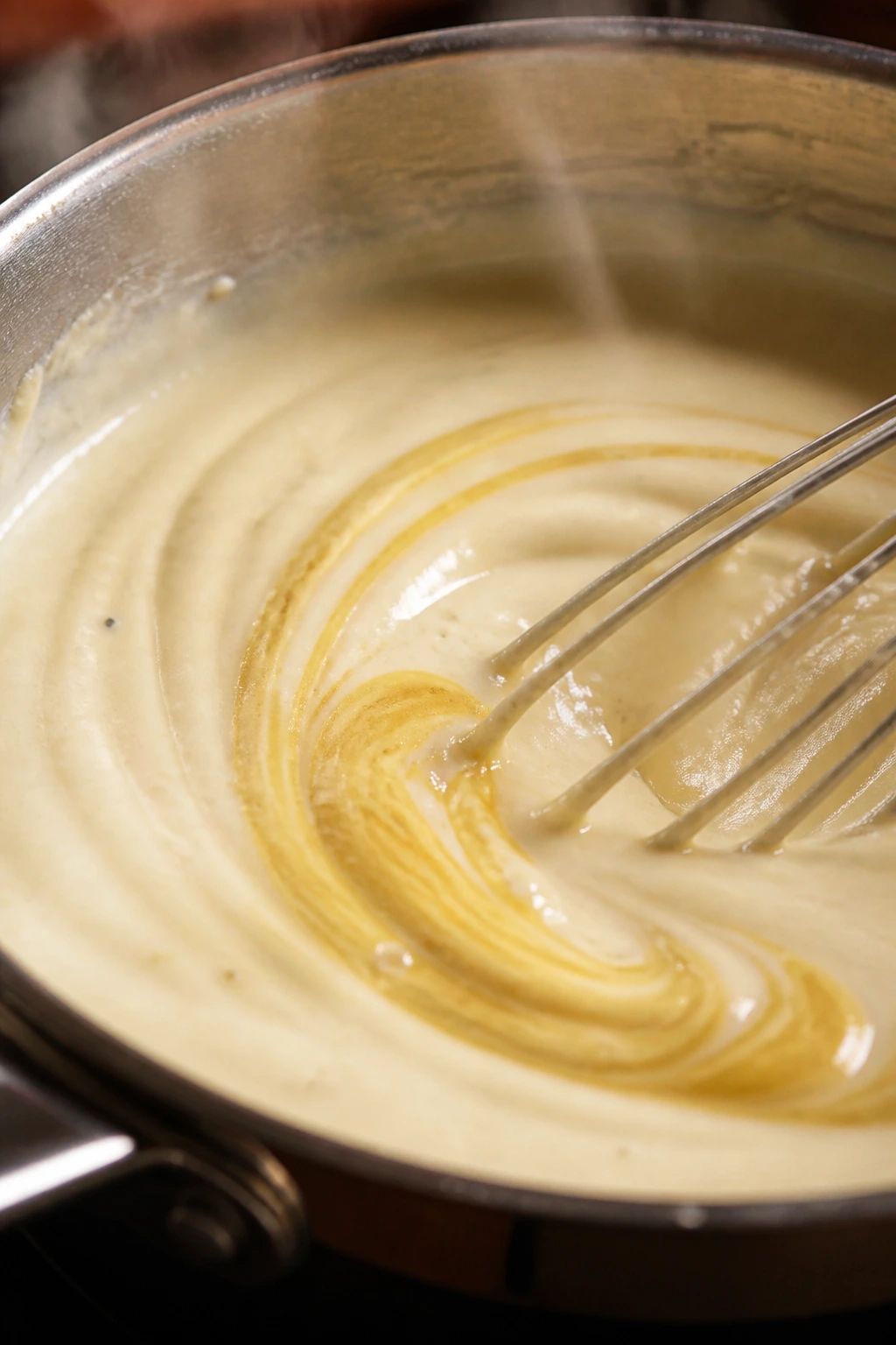 Creamy cheese sauce with Dijon mustard swirl in a pan