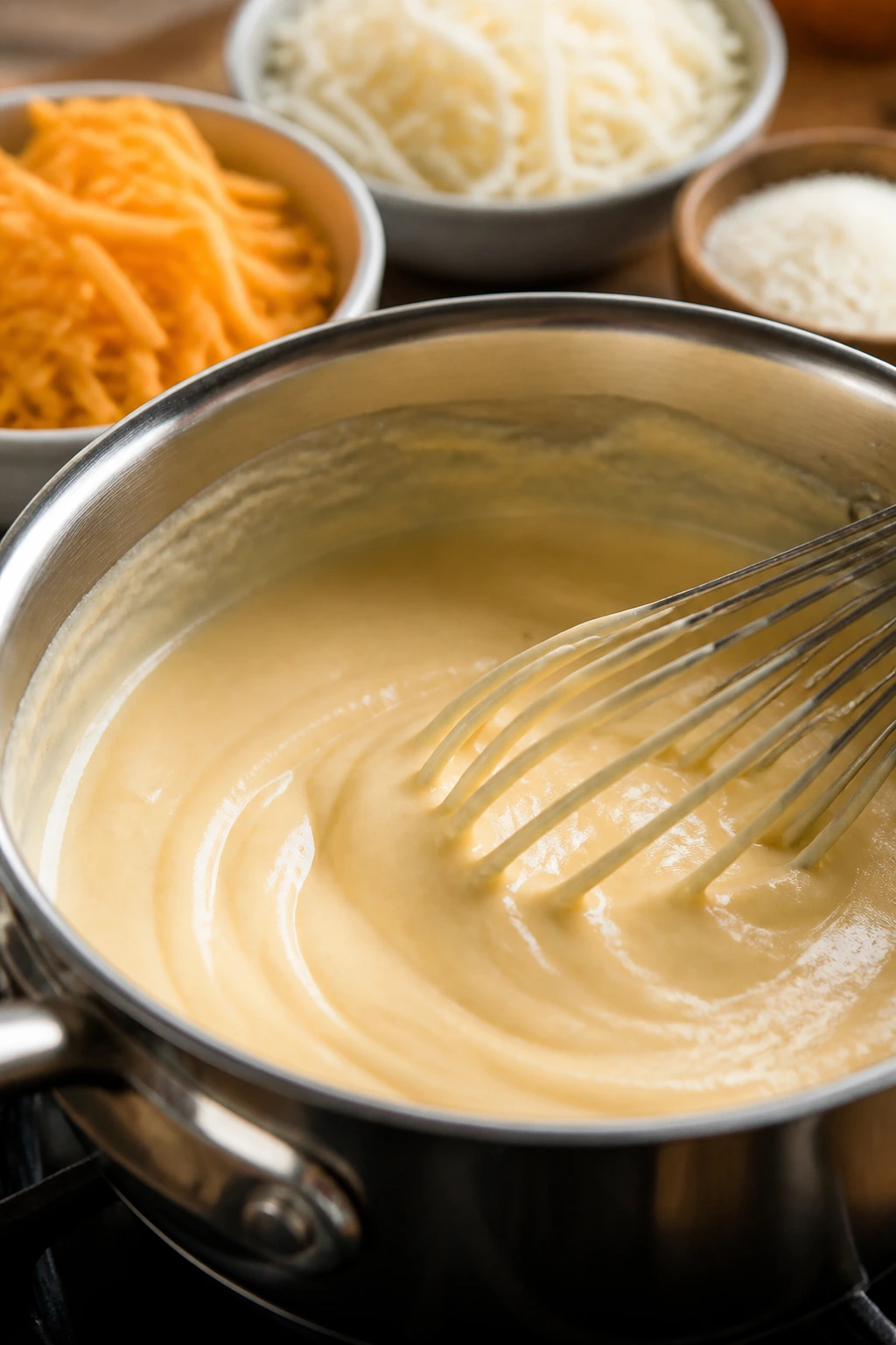 Silky cheese sauce whisked in a saucepan with cheese bowls in background