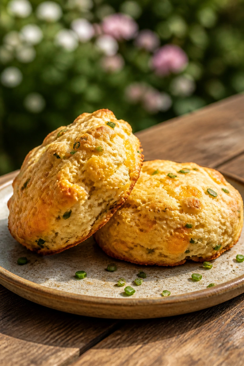 Close-up of savory cheddar chive cheese scones on a rustic plate outdoors.