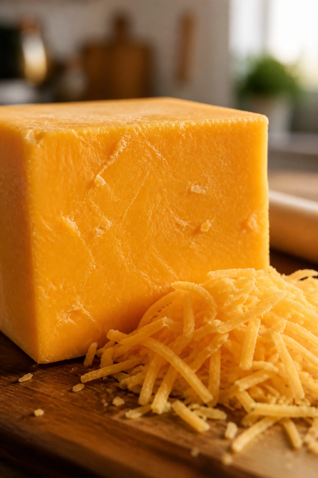 Close-up of a block of cheese on a wooden board with grated cheese nearby