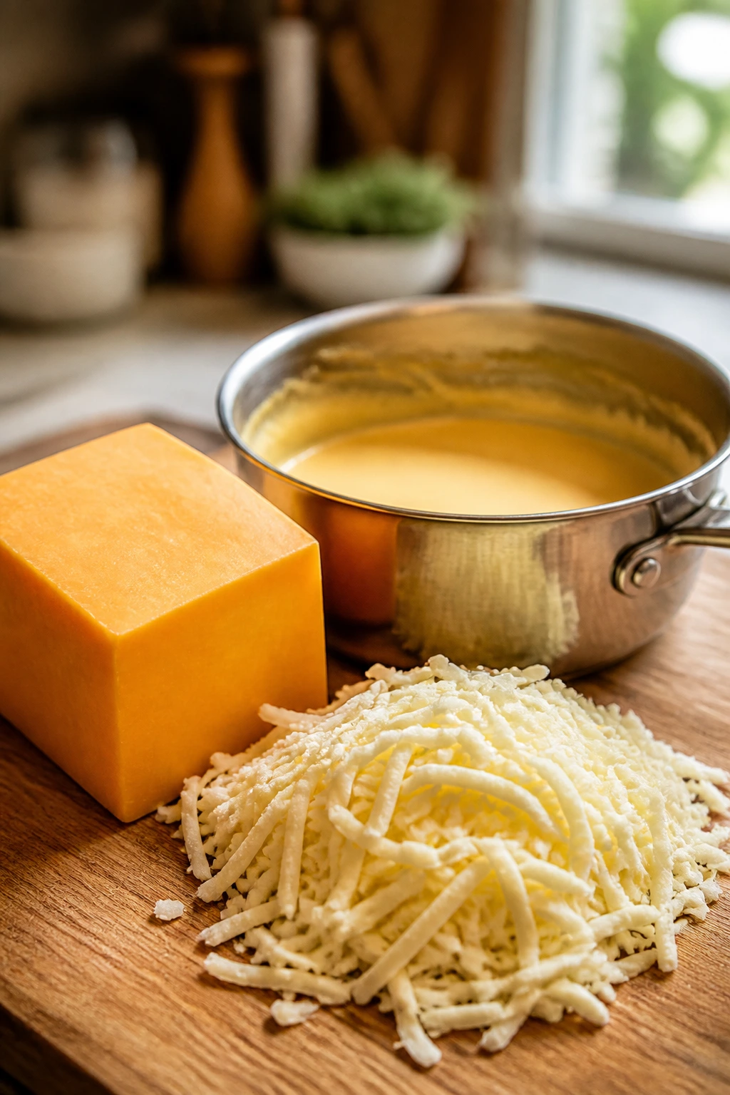 Close-up of cheddar and mozzarella with melted cheese in a saucepan on a kitchen counter.