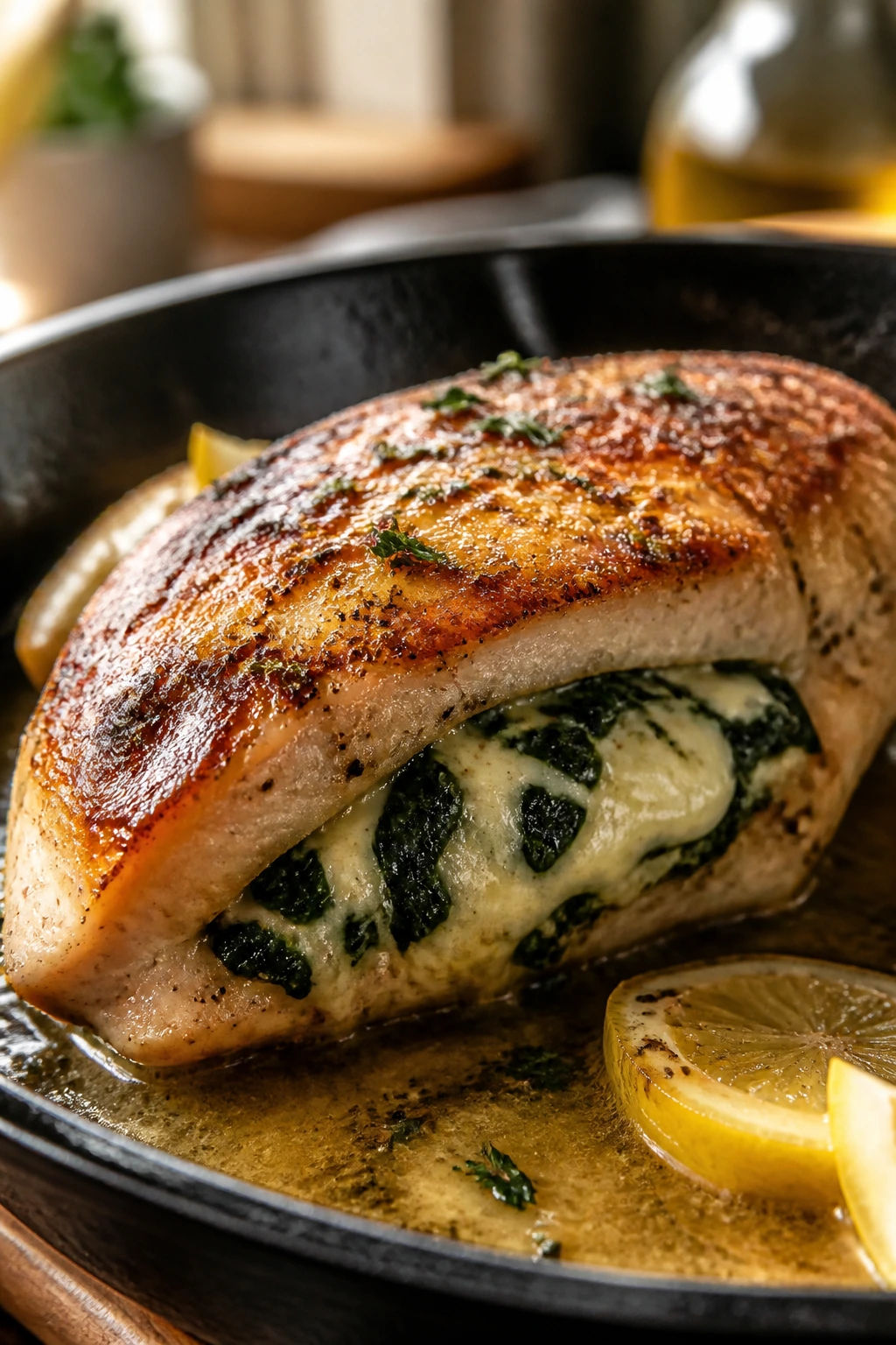 Close-up of a juicy stuffed chicken breast in a cast-iron skillet with melting cheese filling