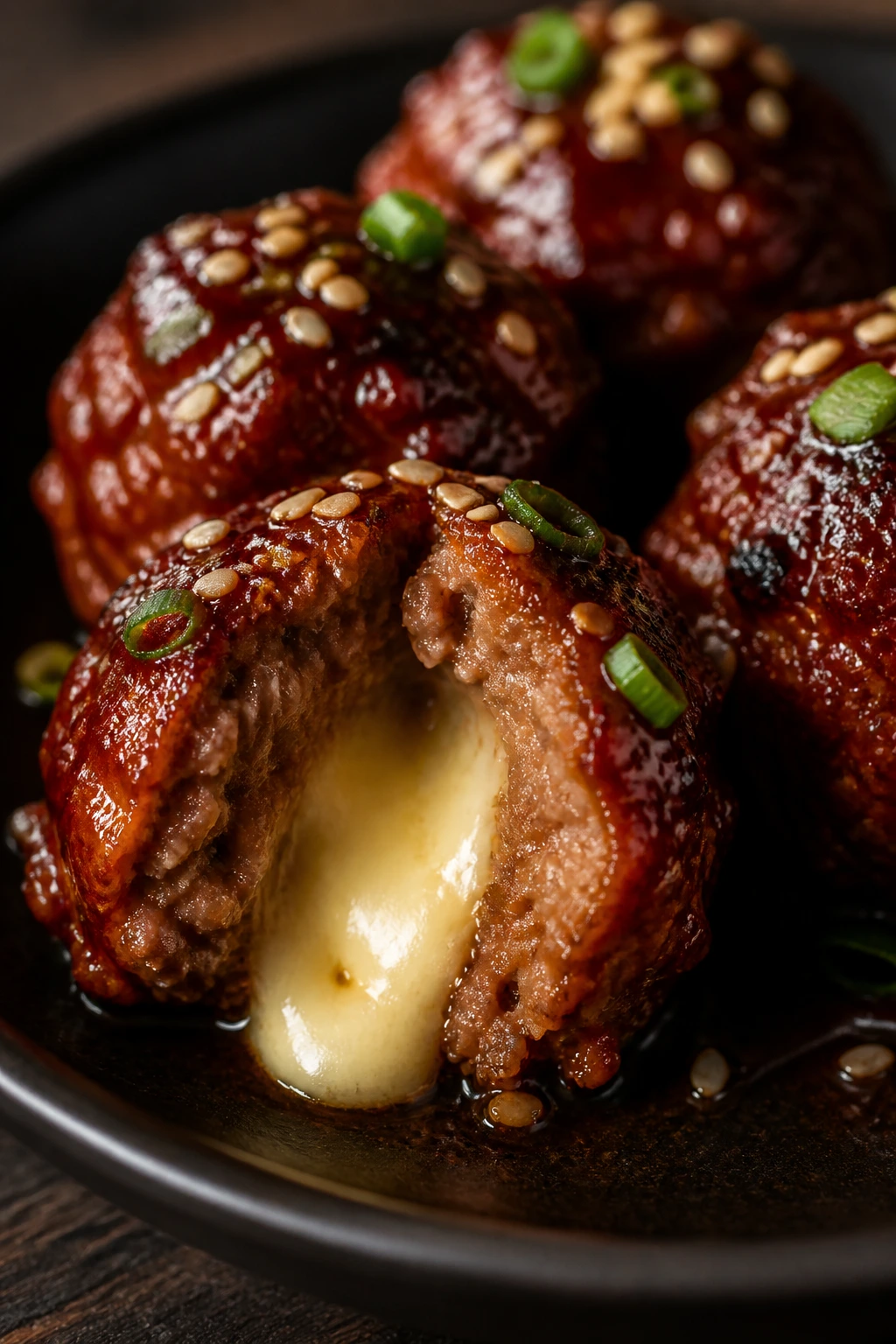 Cross-section of Cheese-Stuffed Korean-American Meatball with melted cheese