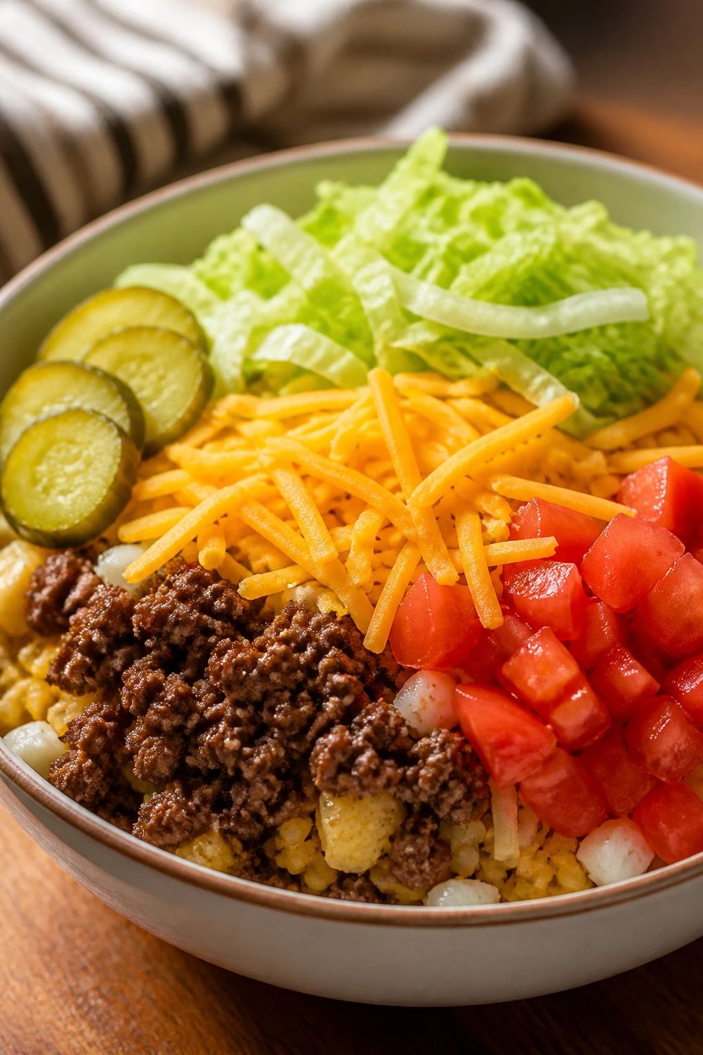 Cheeseburger bowls with beef, lettuce, tomatoes, and pickles in a bowl