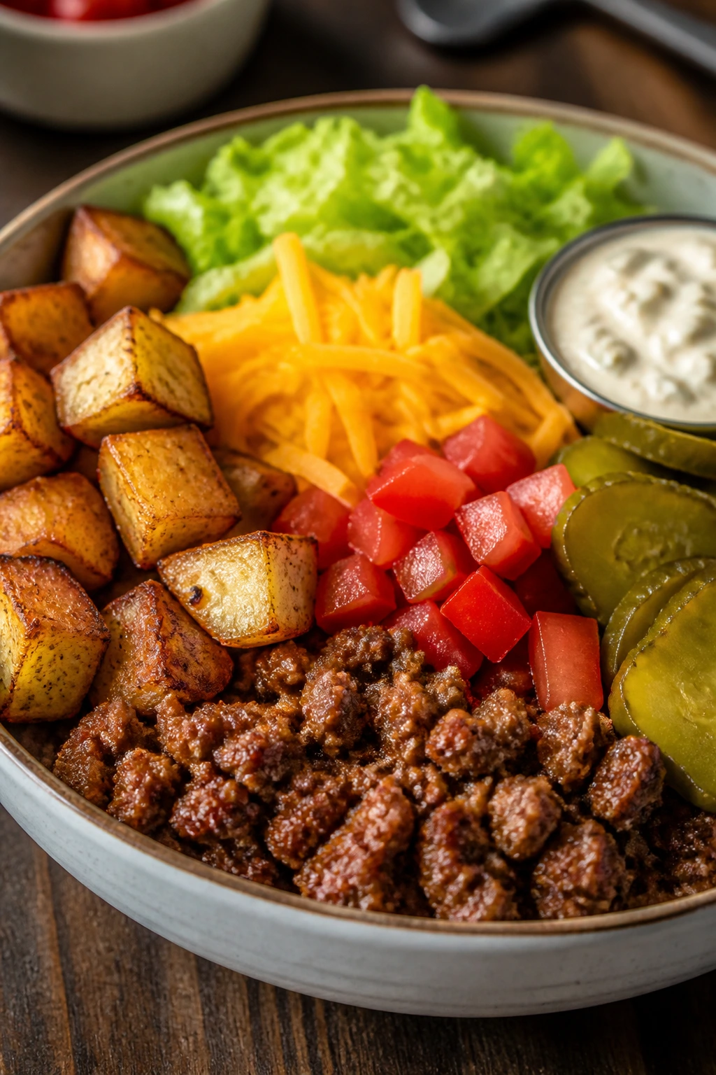 Close-up of Cheeseburger Bowls with Roasted Potatoes bowl with beef, potatoes, cheddar and greens