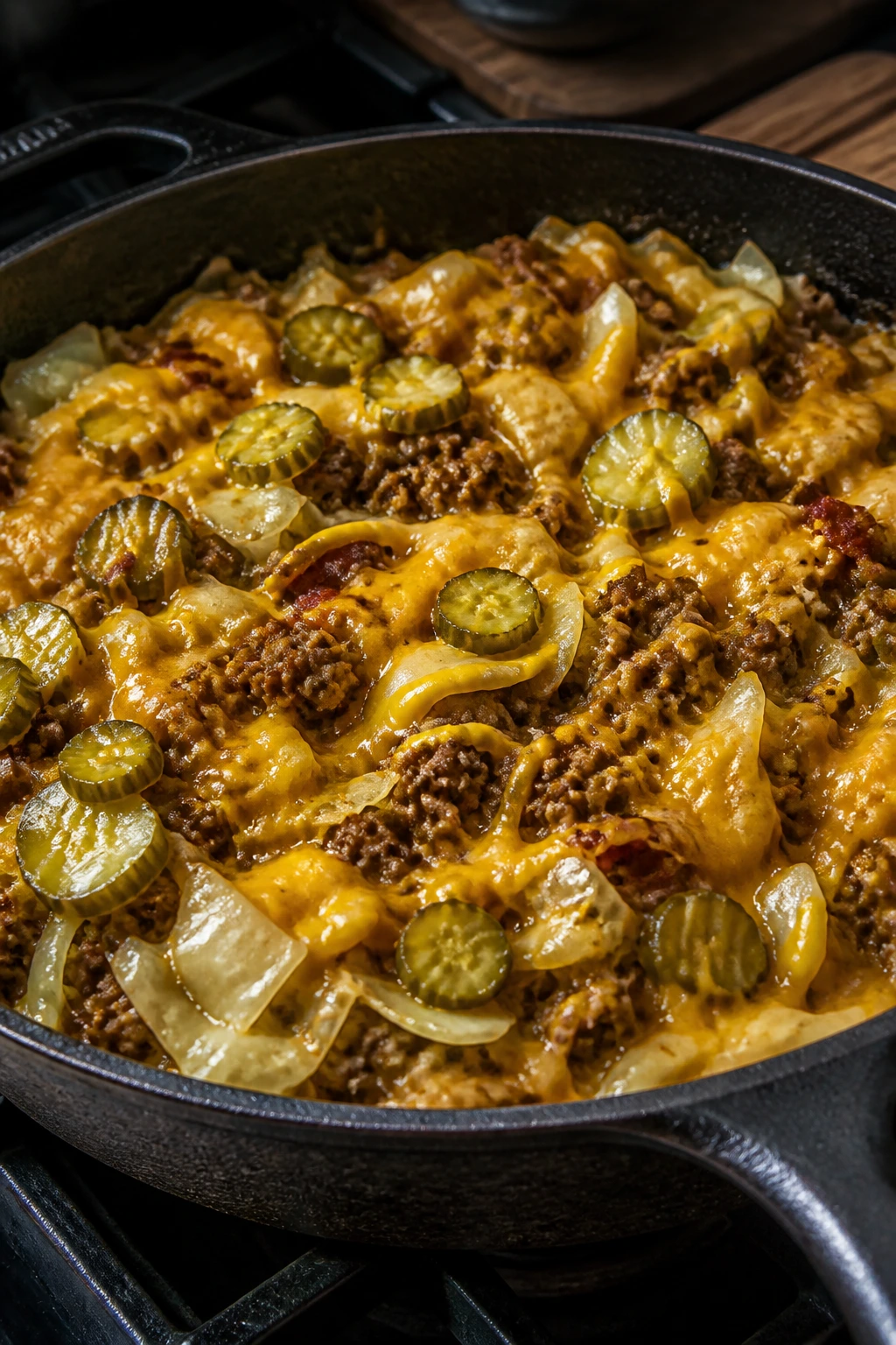 Skillet with cabbage and ground beef topped with cheese