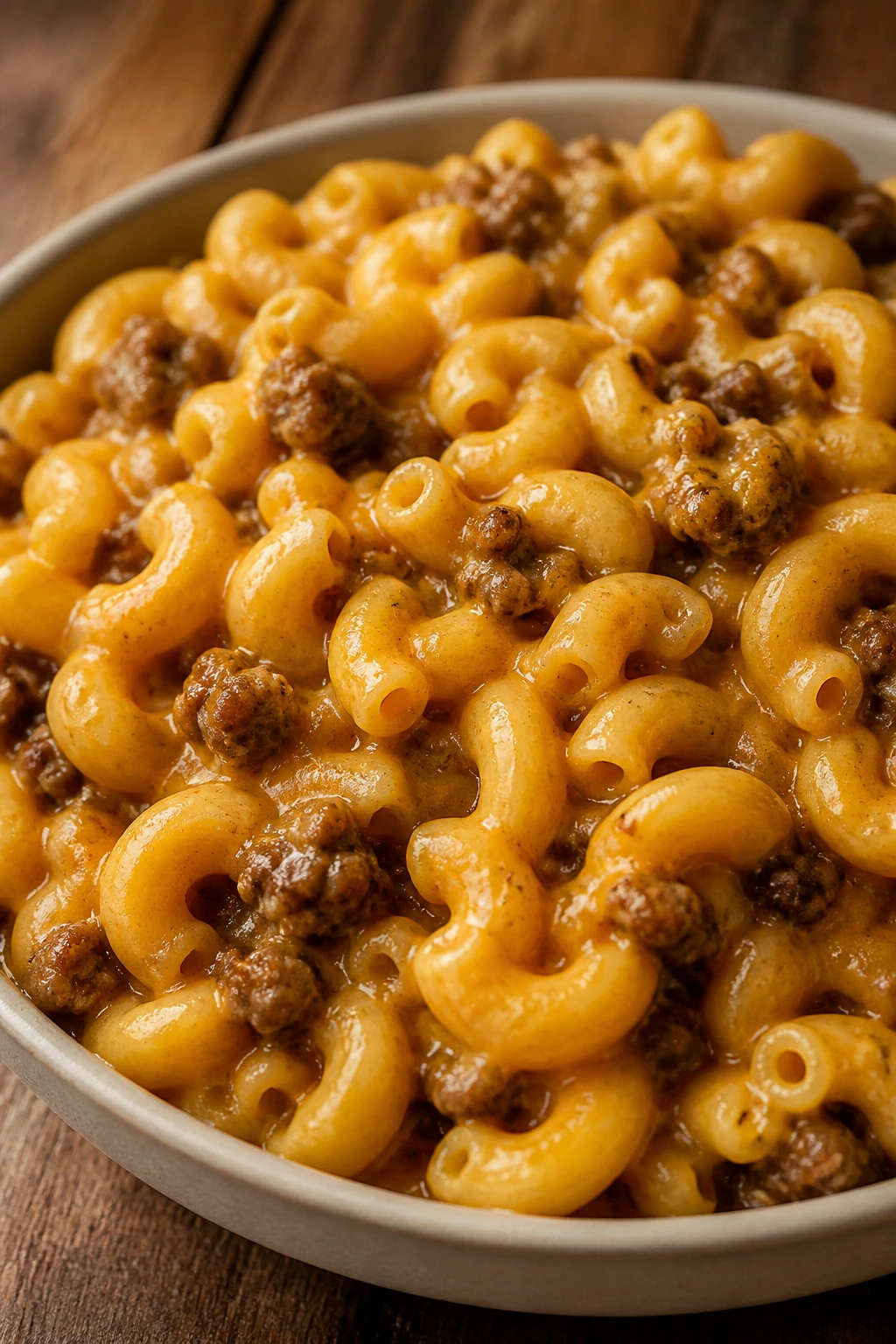 Close-up of cheeseburger mac and cheese in a bowl