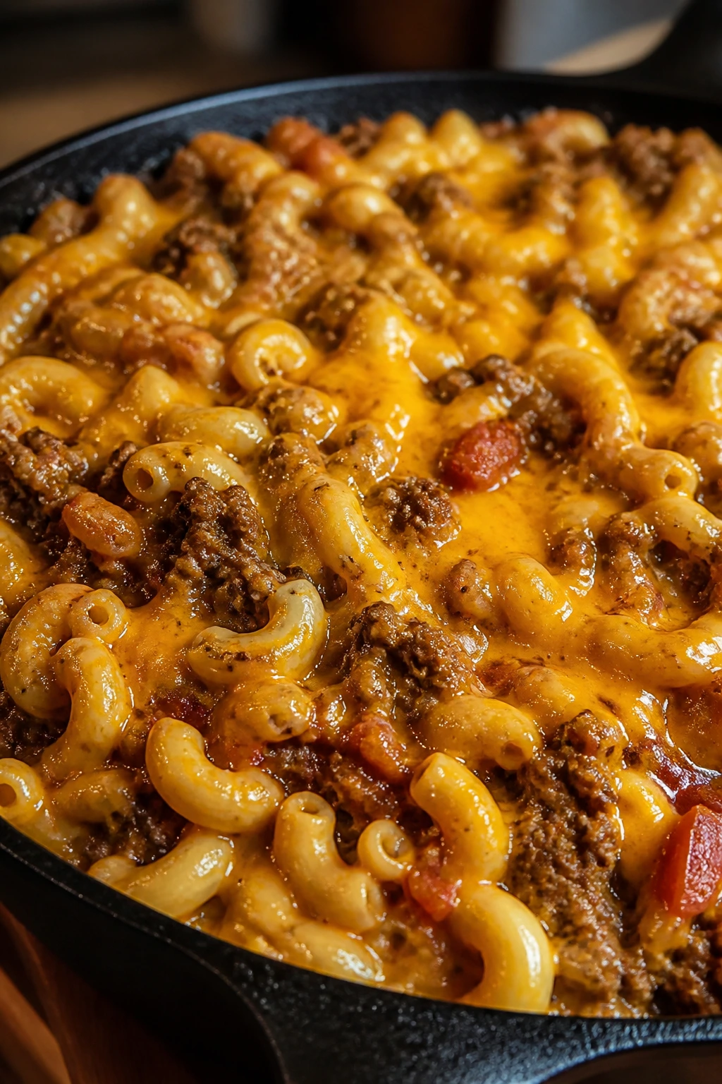 Macaroni and beef in cheddar sauce in a skillet