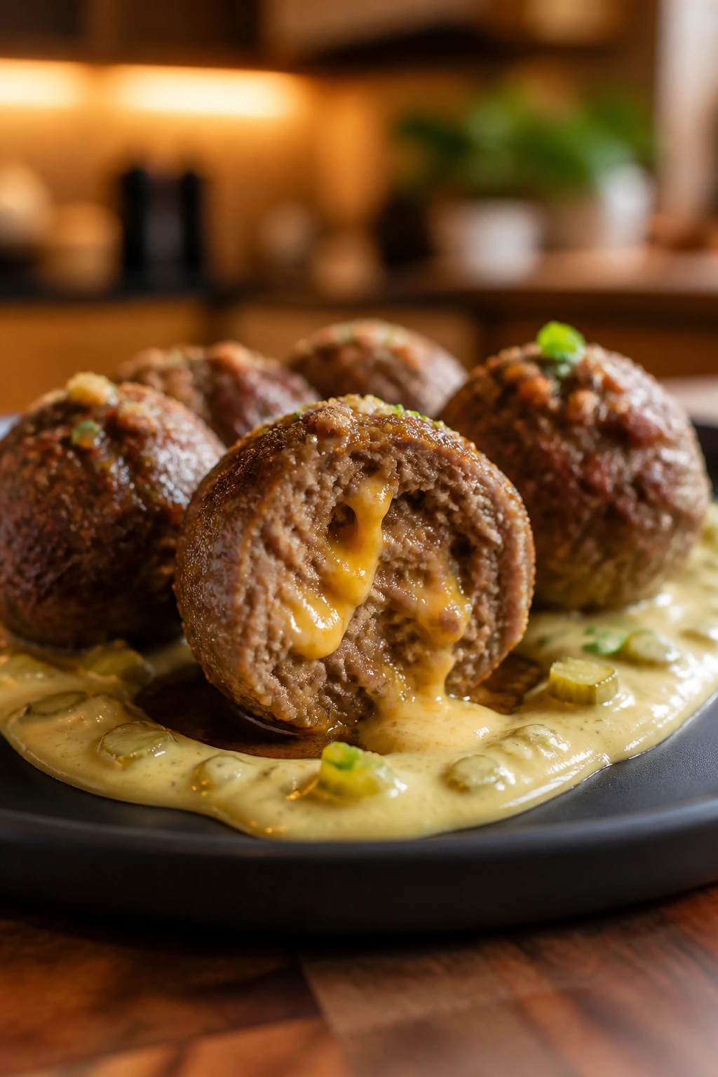 Meatball cross-section with melted cheddar and pickle sauce on a dark plate