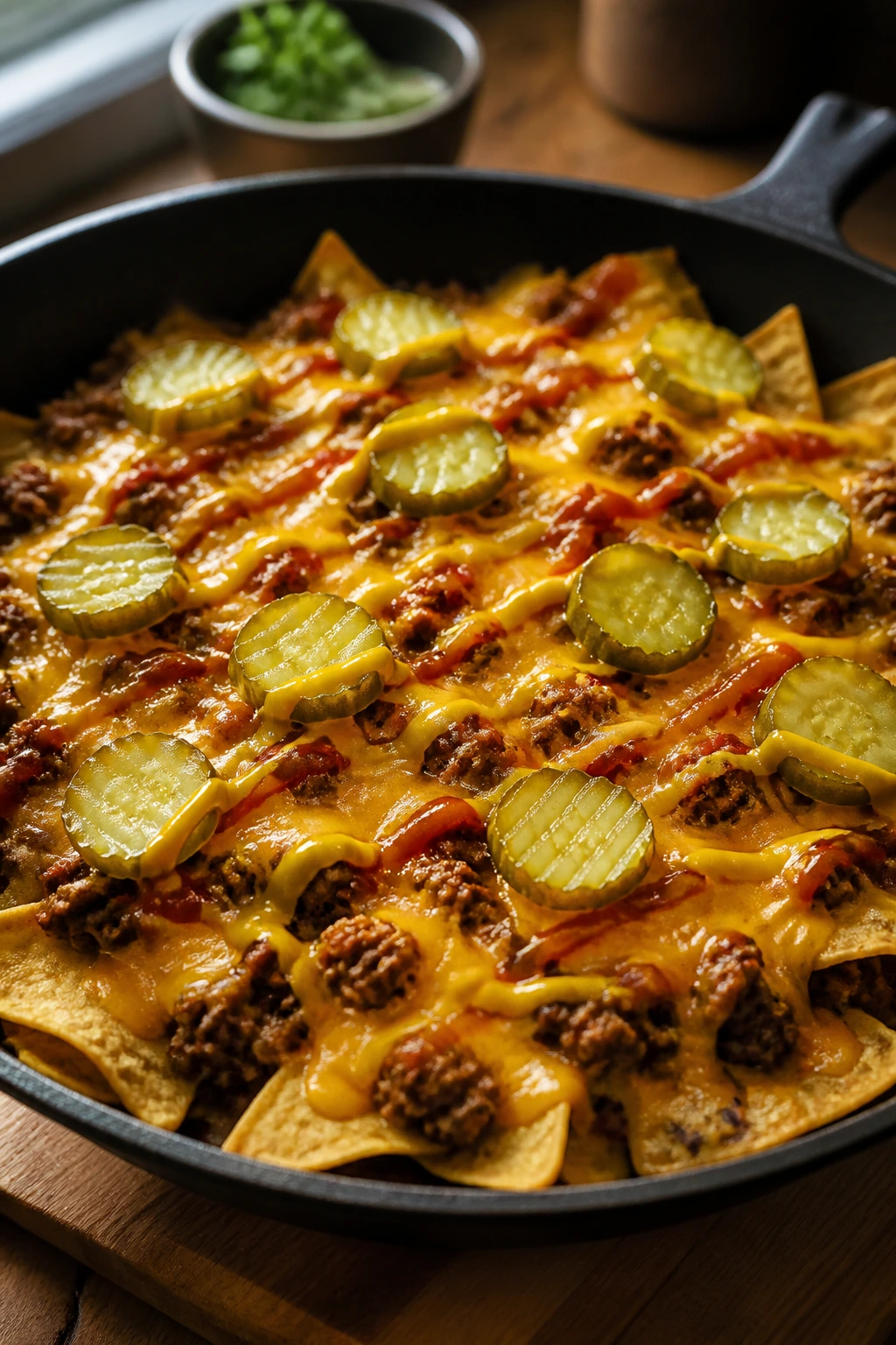 Close-up of cheeseburger nacho skillet with beef, cheese, and pickles.