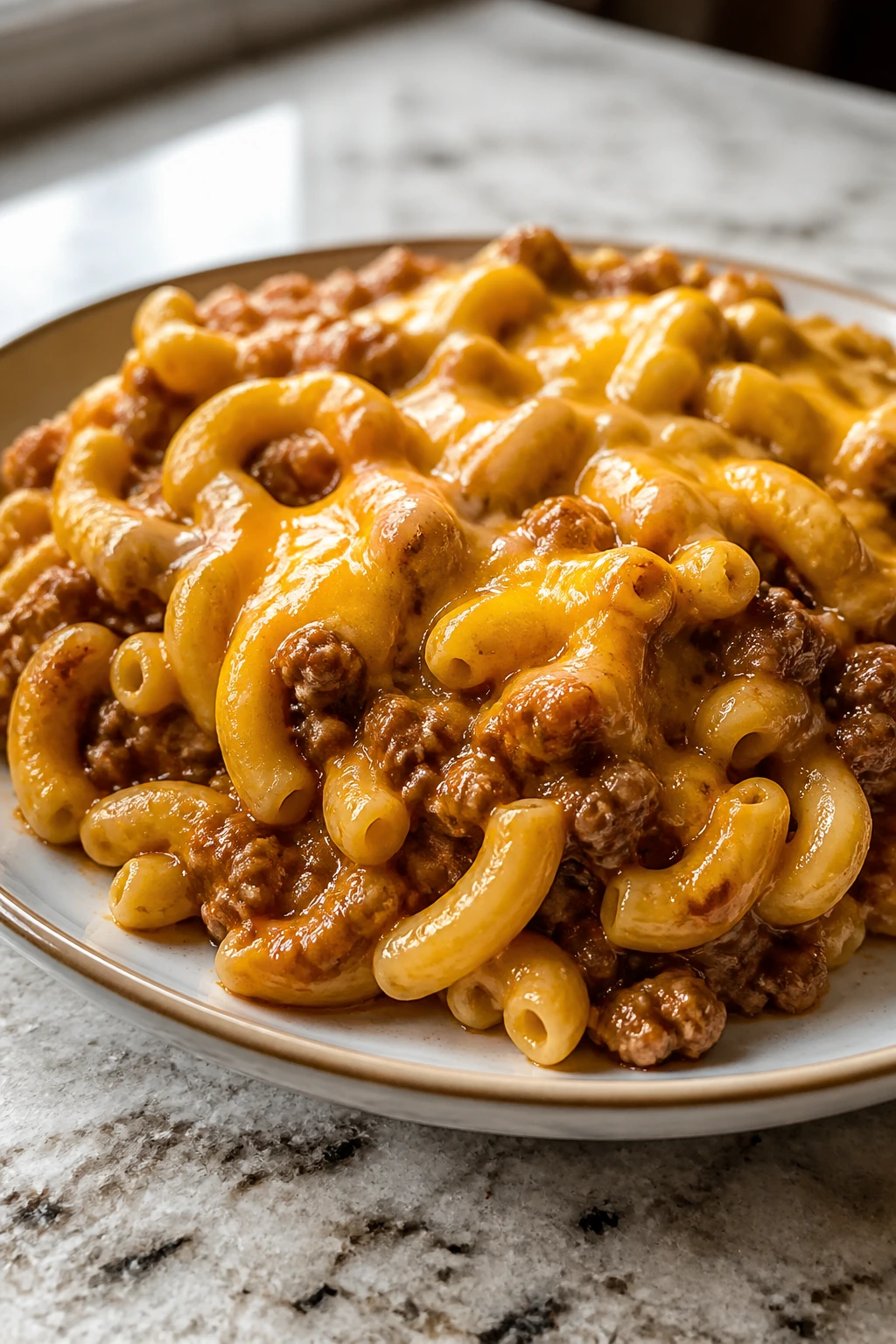 Cheeseburger pasta plated with beef and cheddar