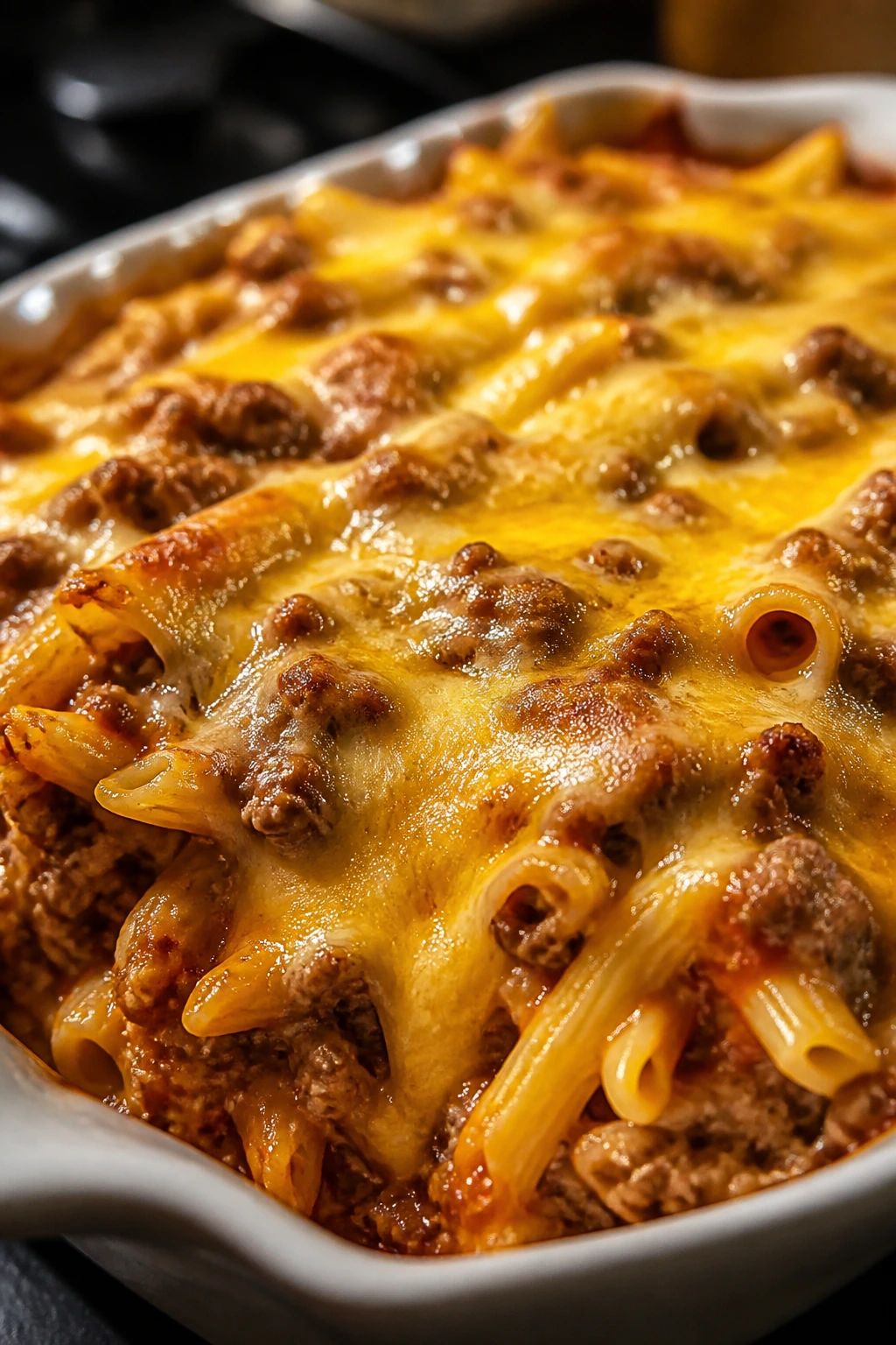 Cheeseburger pasta bake in a bubbling casserole with melted cheddar