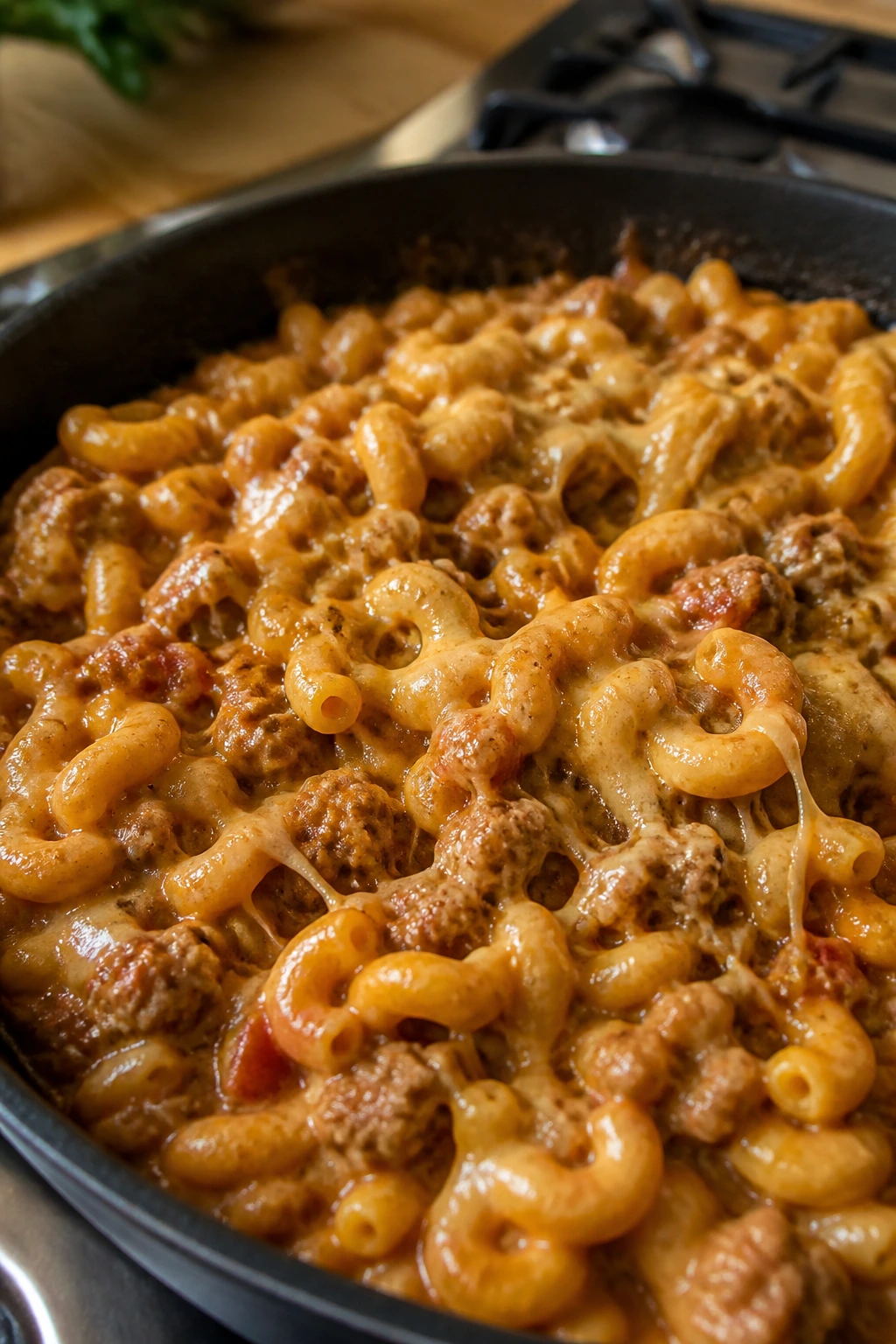 Cheeseburger pasta in a skillet with melted cheddar.