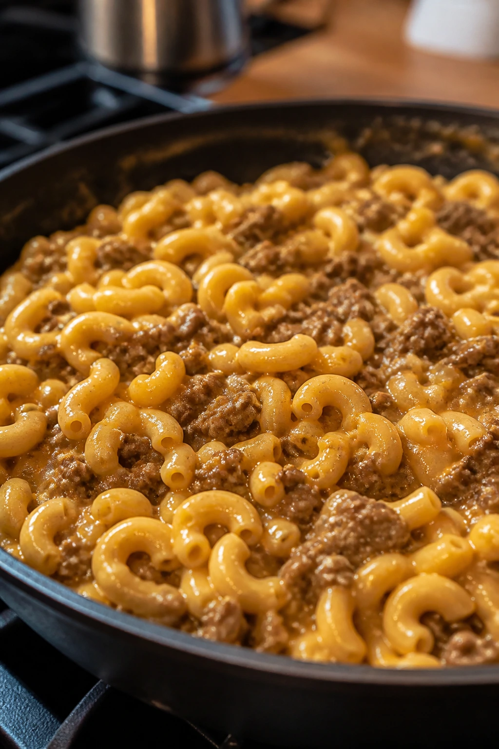 Cheeseburger pasta in a skillet with cheddar sauce