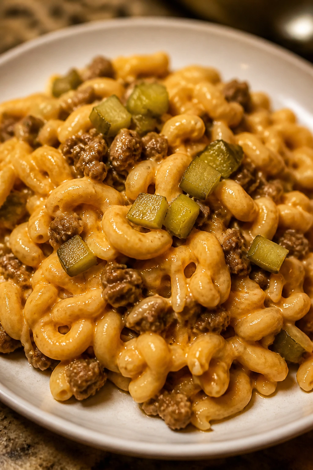 Plate of cheeseburger pasta with cheddar sauce and pickles