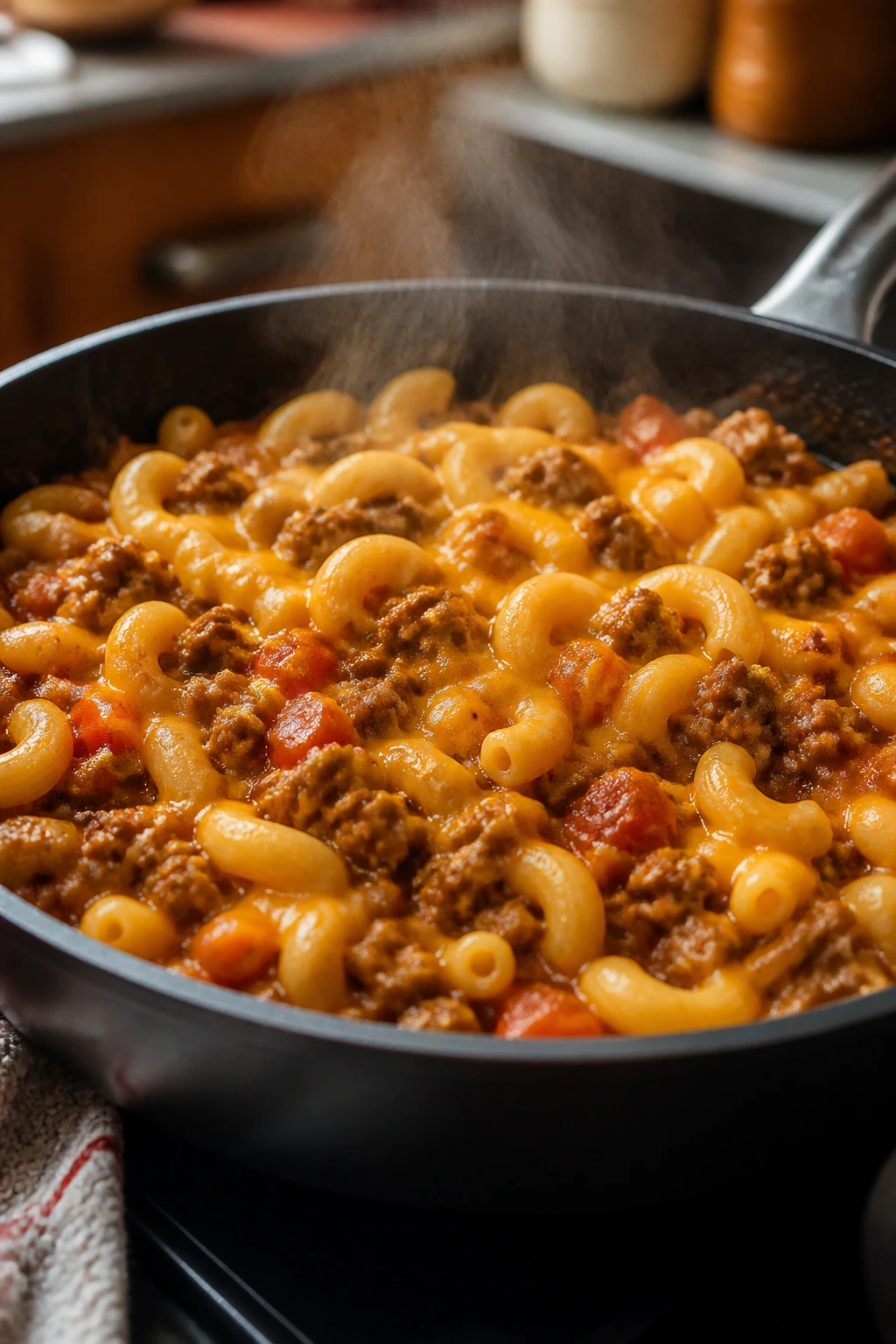 Close-up of one-pan cheeseburger pasta in a skillet