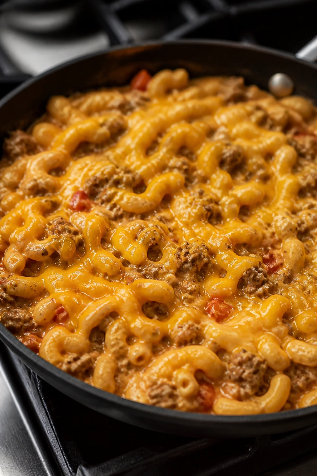 Close-up of cheeseburger pasta skillet with creamy sauce