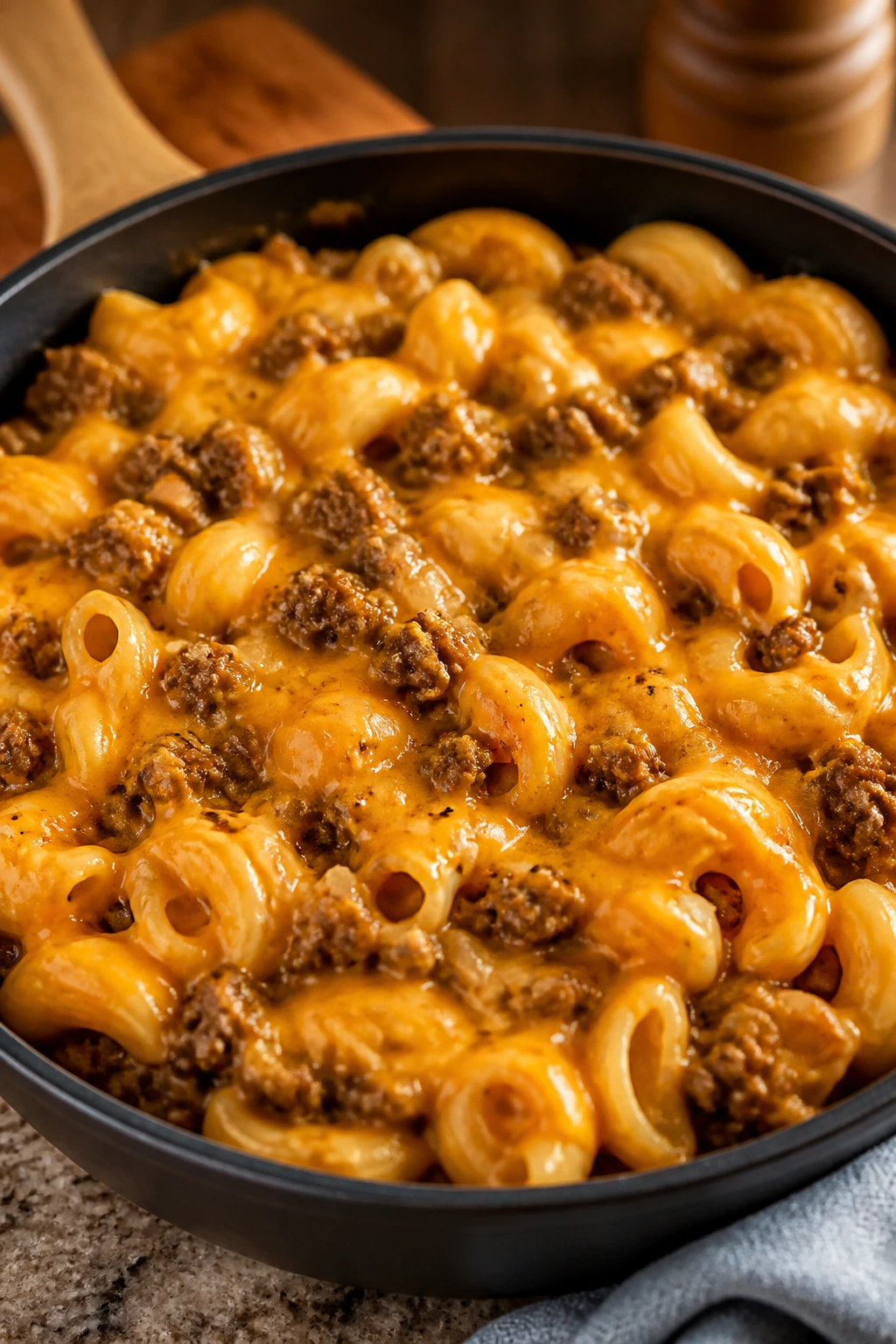 Skillet with cheeseburger-inspired pasta and cheddar sauce