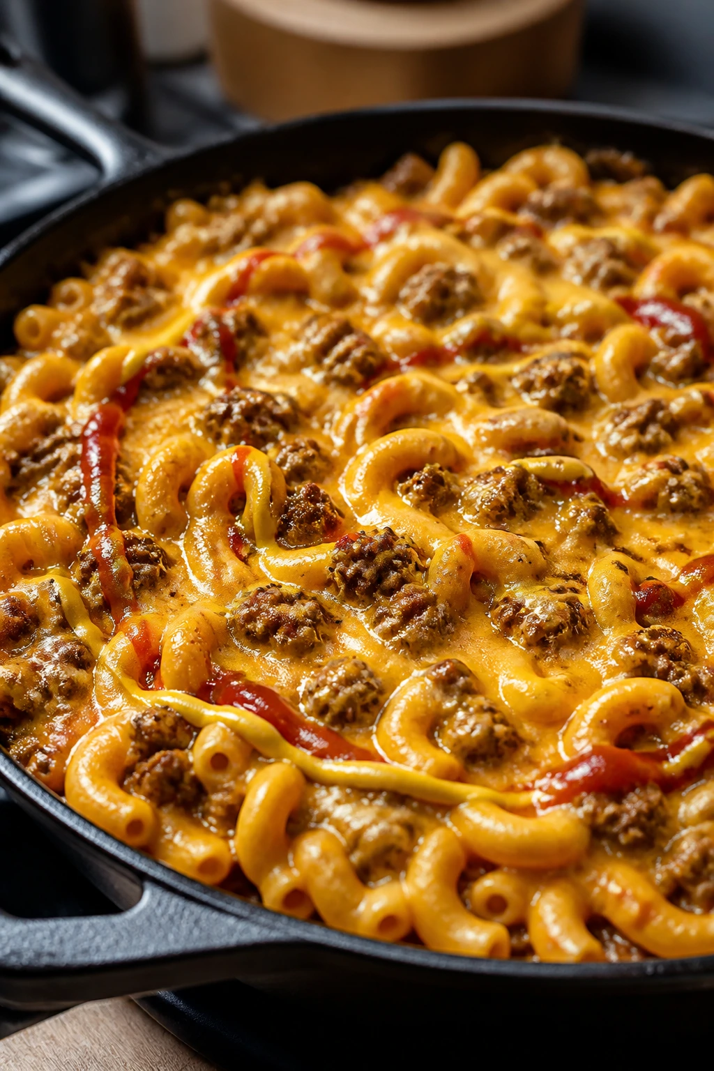 Close-up of cheeseburger pasta in a skillet with cheddar sauce