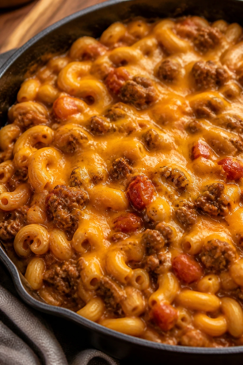 Skillet of cheeseburger pasta with melted cheese and beef