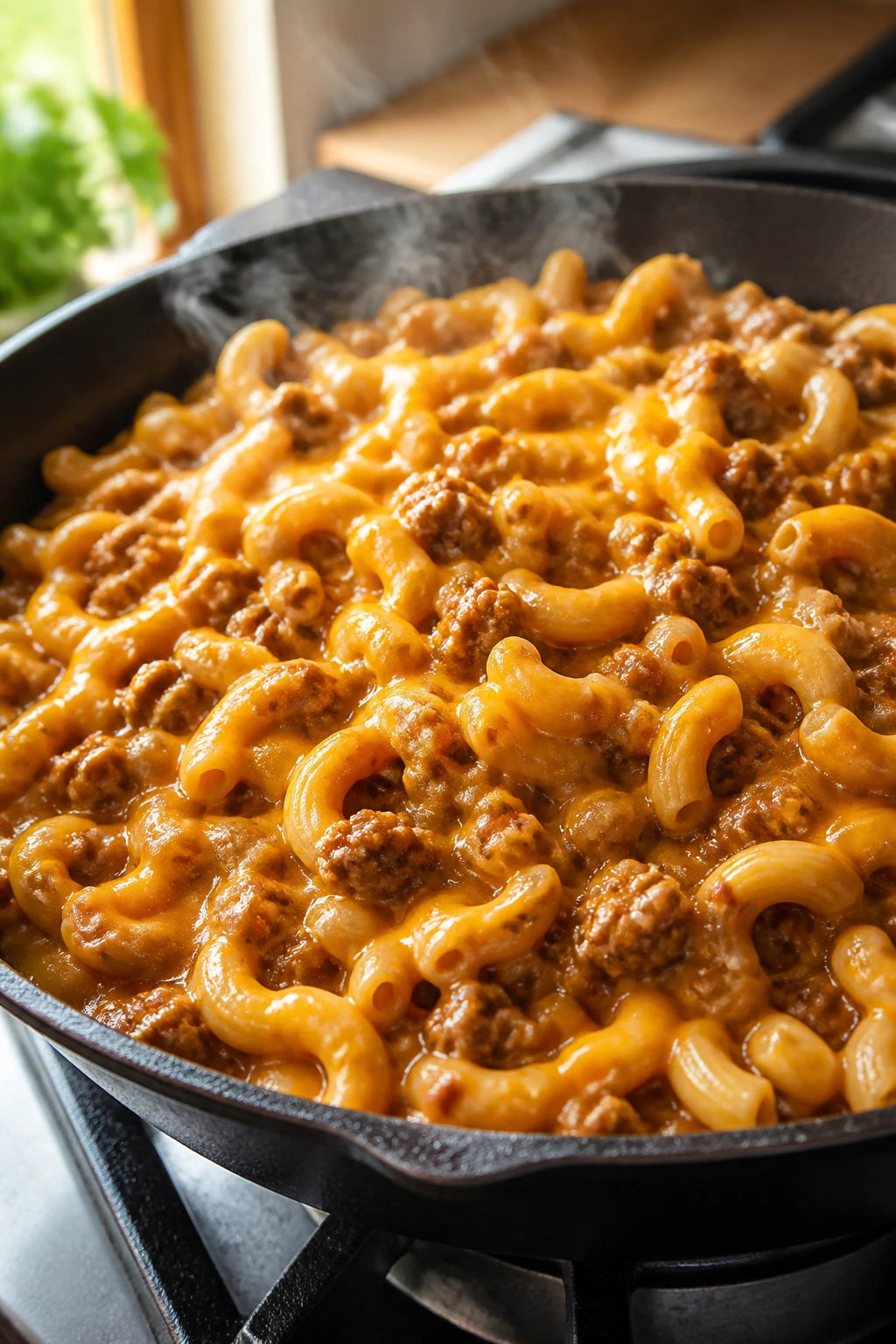 Close-up of cheeseburger-inspired pasta in a skillet with beef, pasta, and melted cheddar