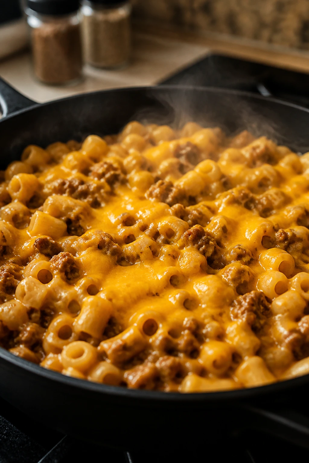 Skillet with mini cheeseburger pasta and melted cheddar