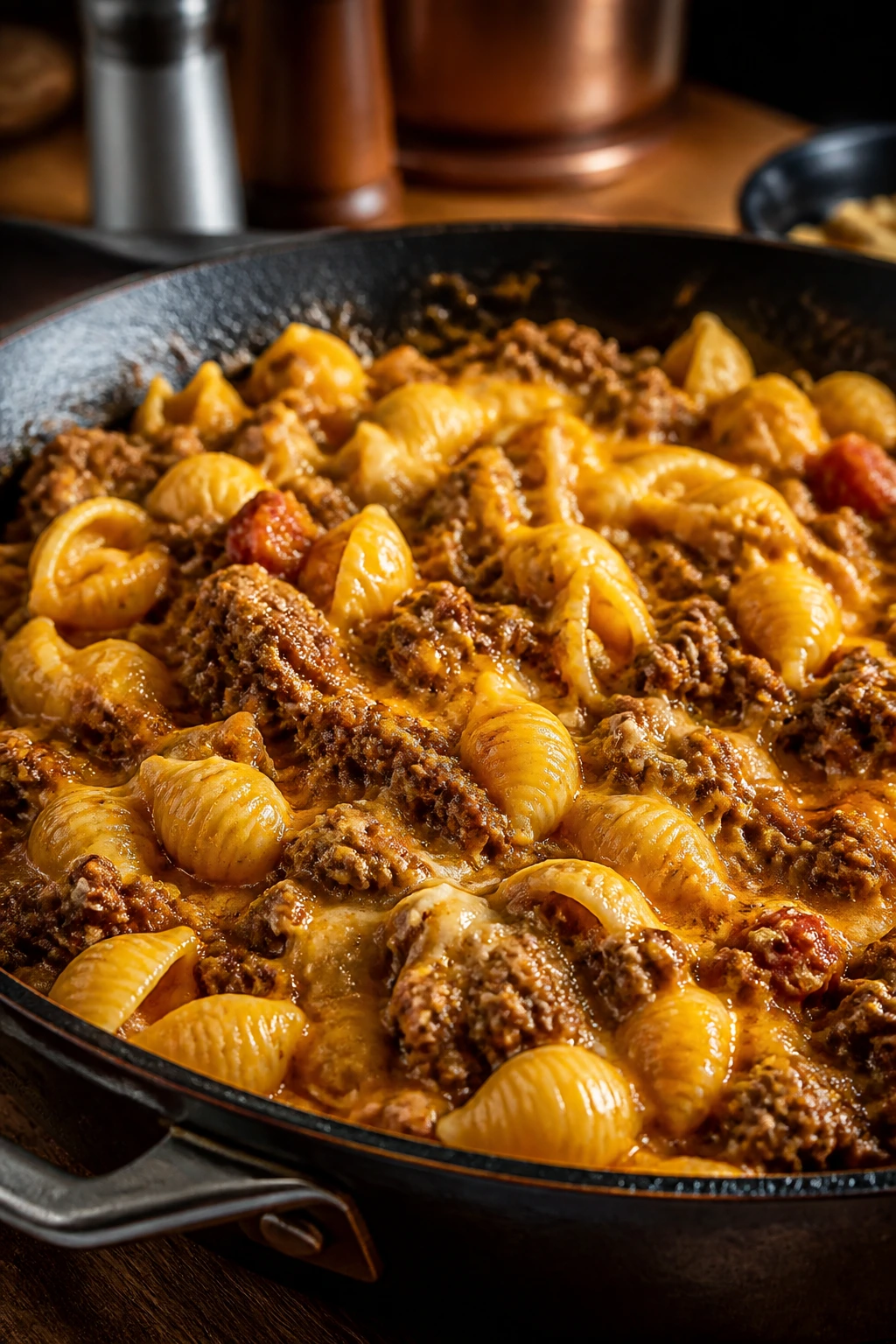 Skillet of cheeseburger pasta with cheddar and beef