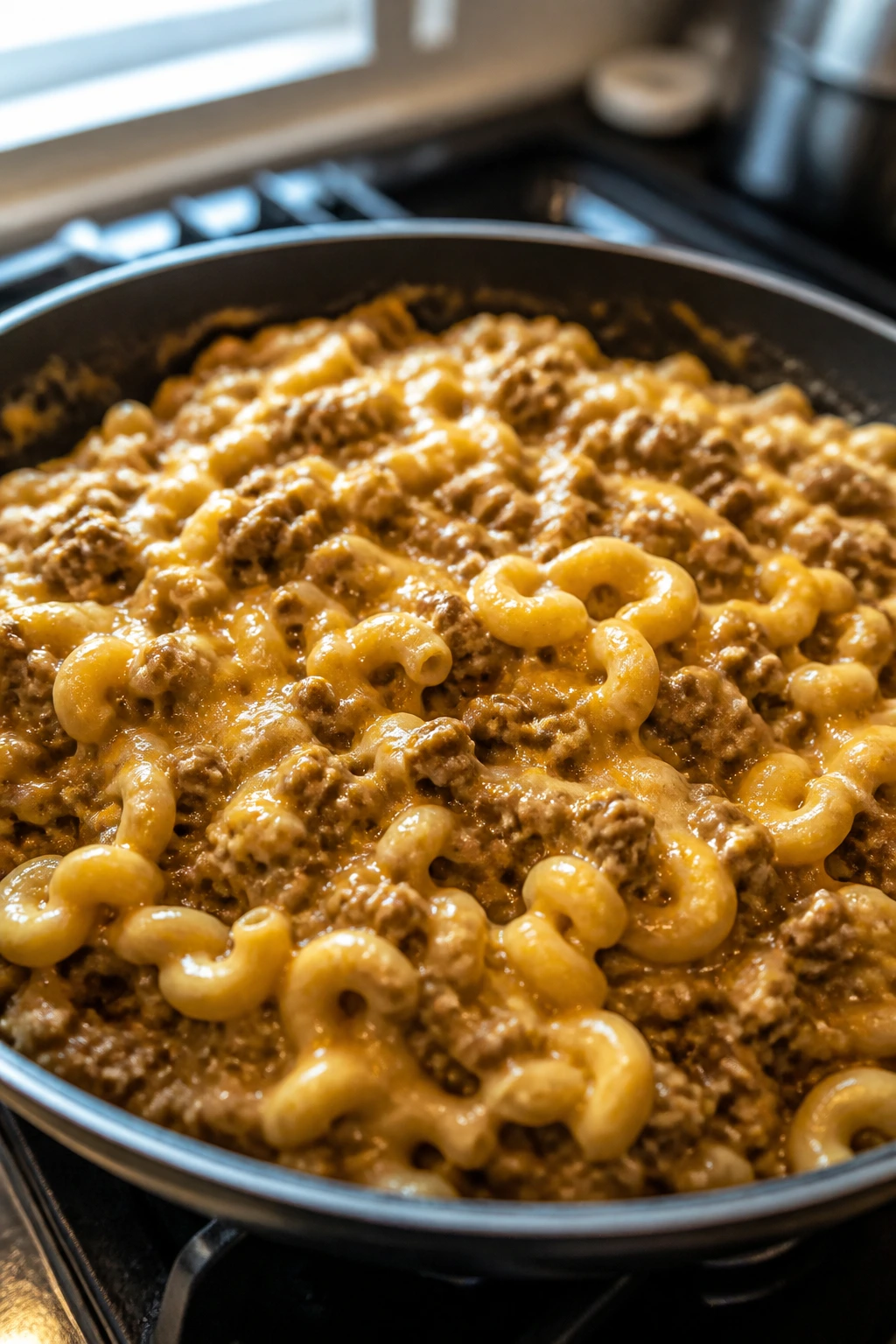 Close-up of cheeseburger pasta in a skillet on the stove with creamy sauce and melted cheese