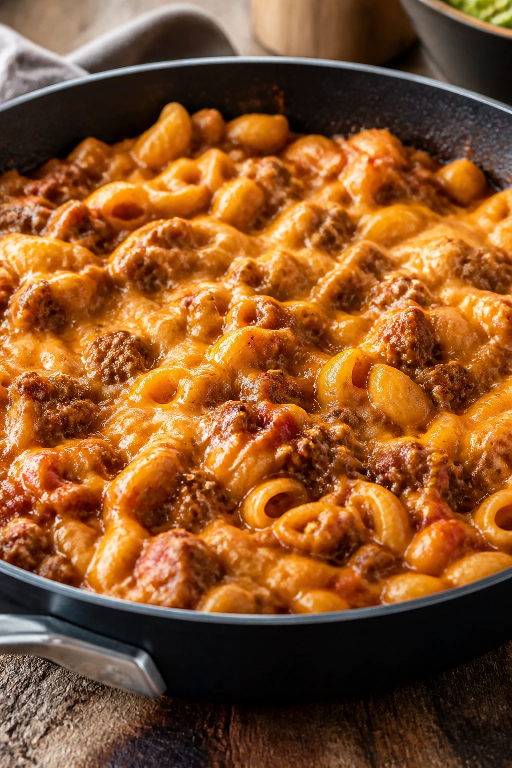 Skillet of cheeseburger pasta with beef and melted cheddar in a cozy kitchen