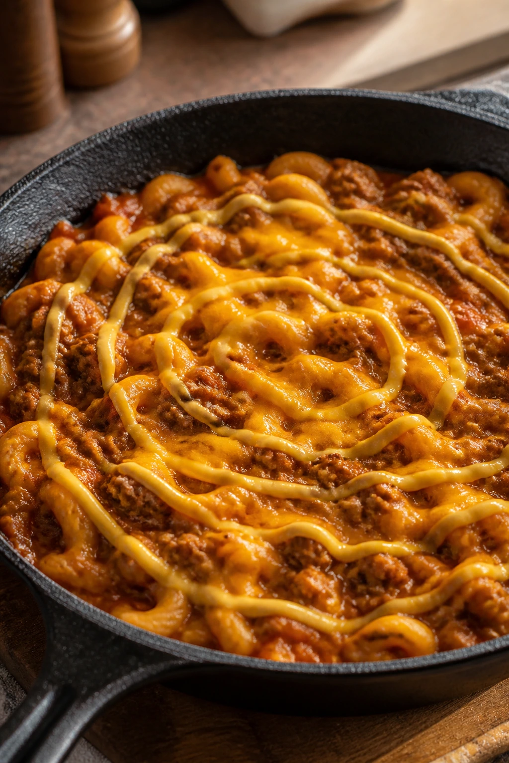 Pasta in a skillet with cheddar cheese and beefy sauce