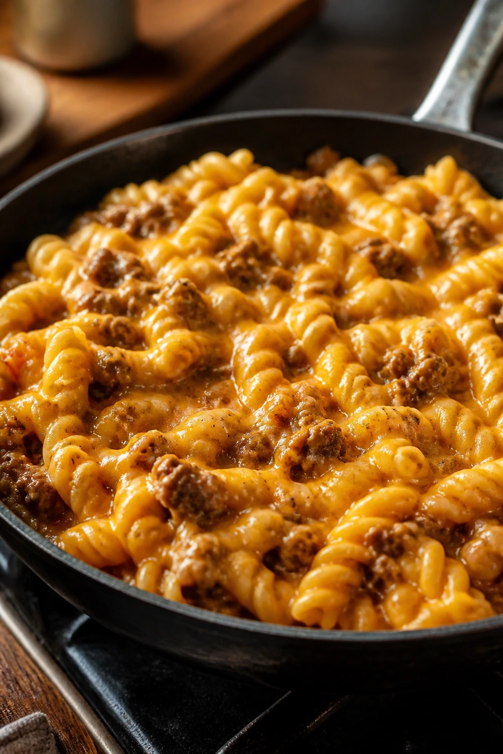 Skillet cheeseburger pasta with creamy sauce and melted cheddar