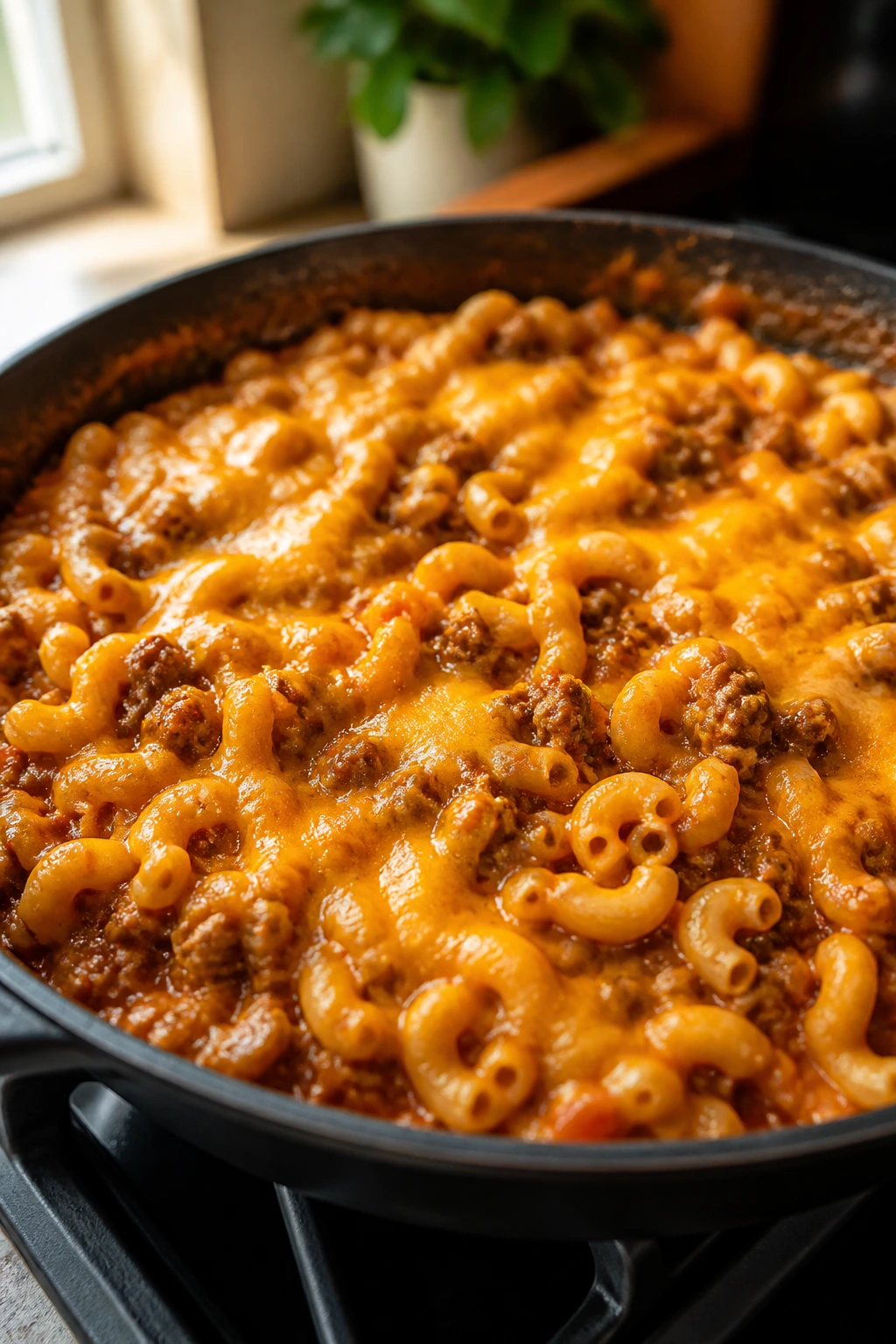 Close-up of Cheeseburger Pasta Skillet with macaroni and cheese in a cozy kitchen