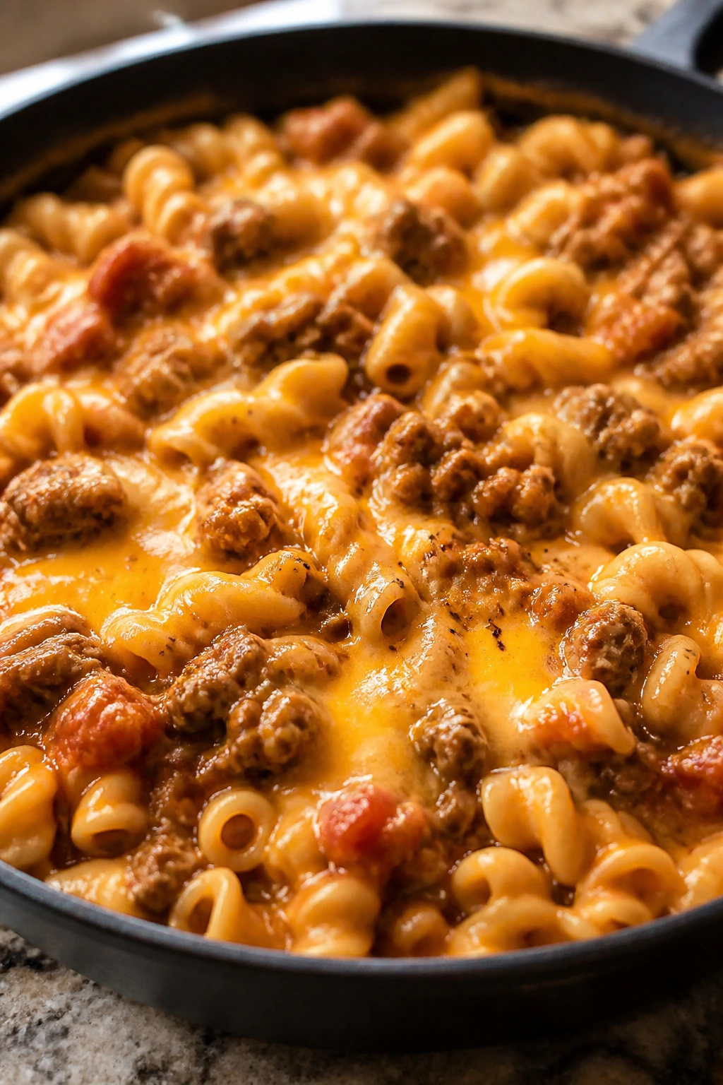 Skillet of cheeseburger pasta with melted cheddar and beef in tomato sauce