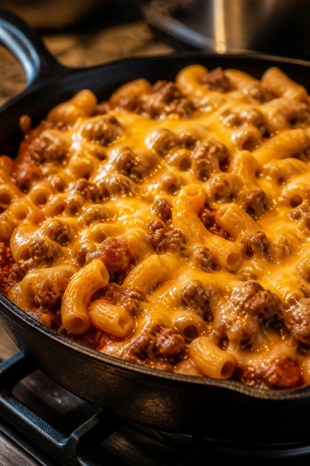 Hearty cheeseburger pasta skillet with melted cheddar