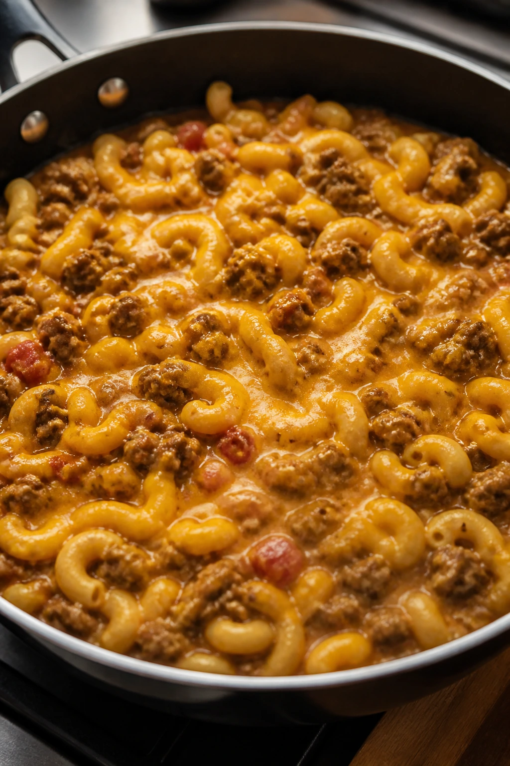 Skillet cheeseburger pasta with beef and cheddar